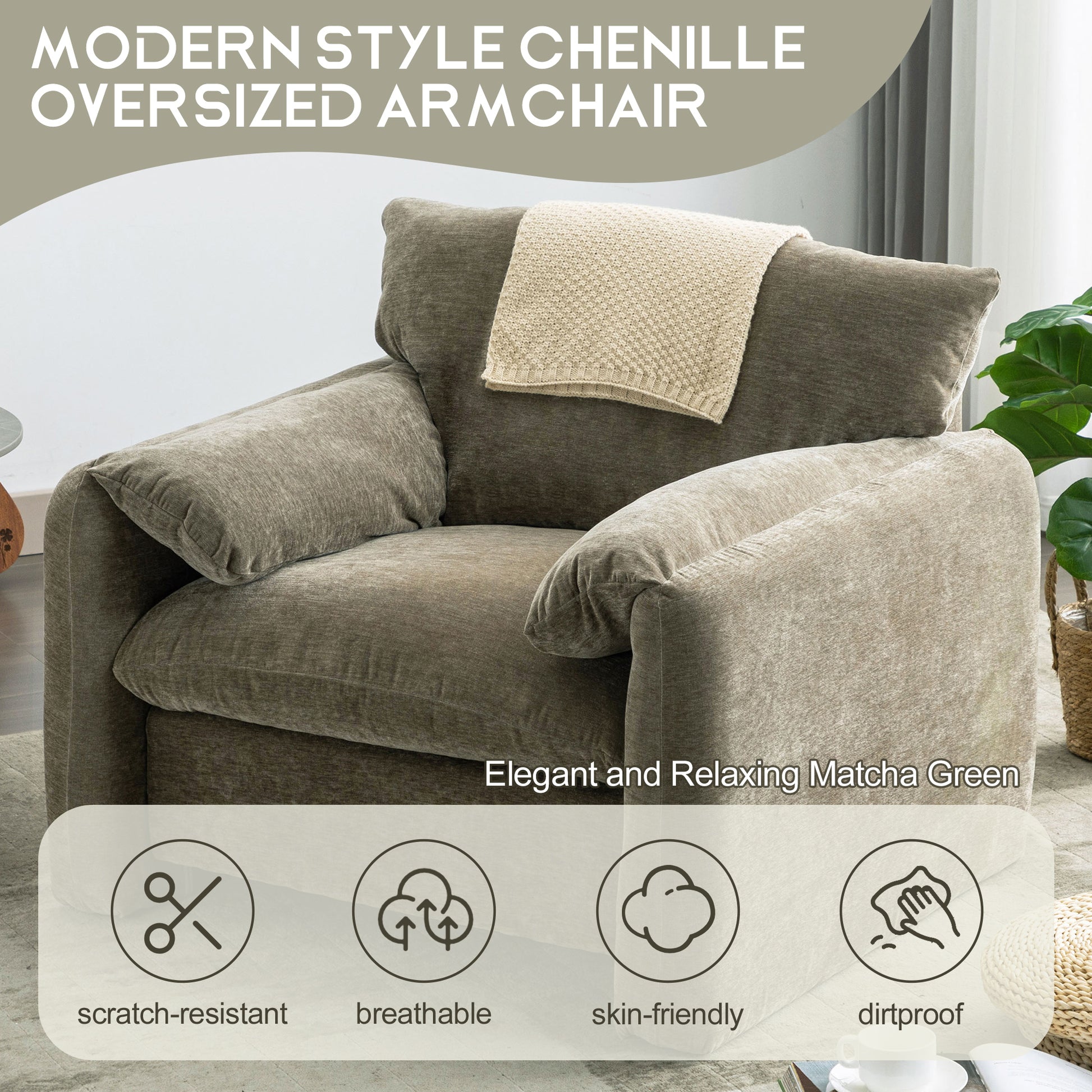 Modern Style Chenille Oversized Armchair Accent Chair Single Sofa Lounge Chair 38.6'' W For Living Room, Bedroom, Green Matcha Green Chenille