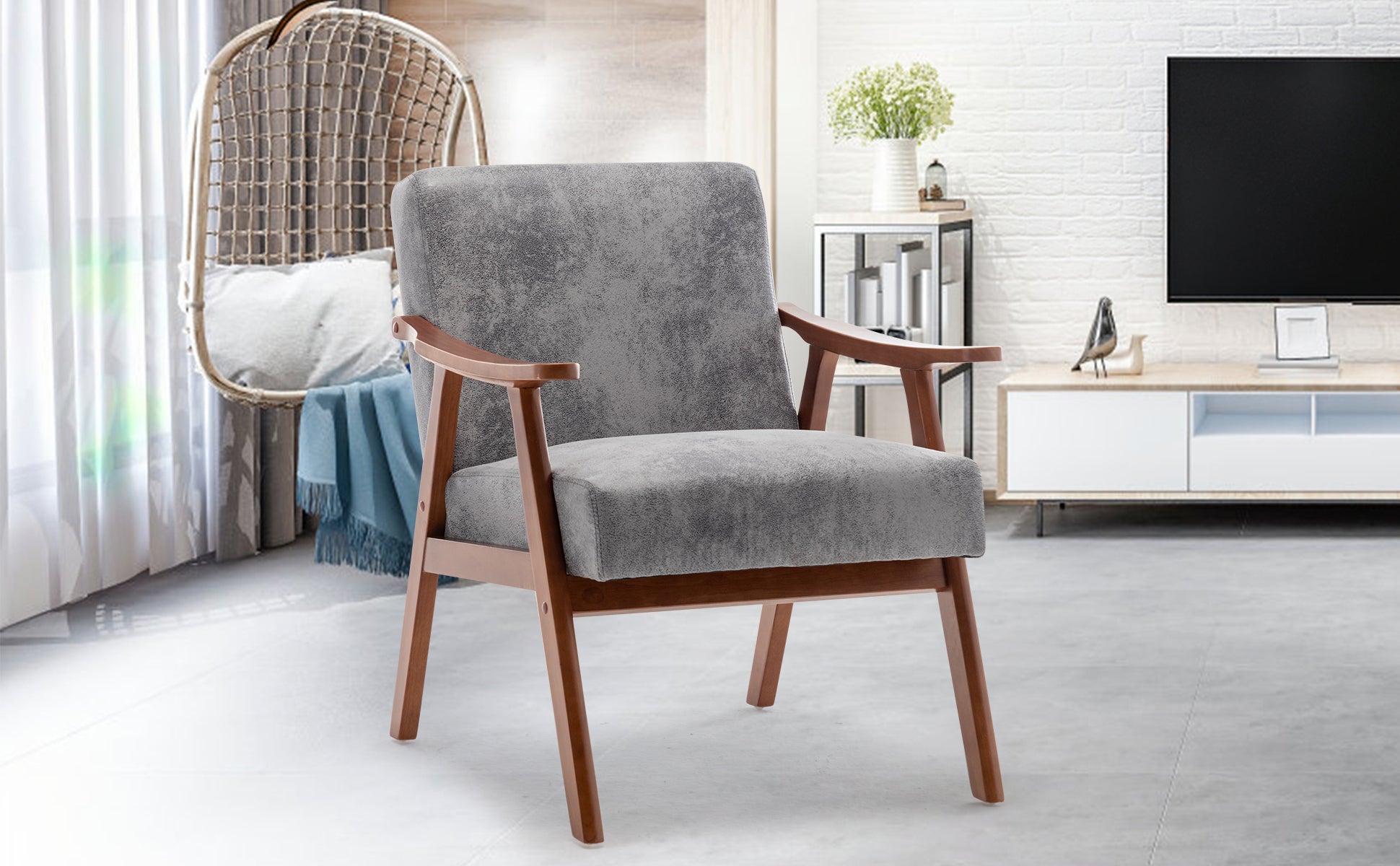 Mid Century Modern Chair, Living Room Chair With Solid Wood Frame, Accent Chair Extra Thick Backrest, Wingback Chair For Bedroom, Reading Room, Living Room, Lounge Chair Indoor Grey Primary Living Space Mid Century Modern Foam Fabric