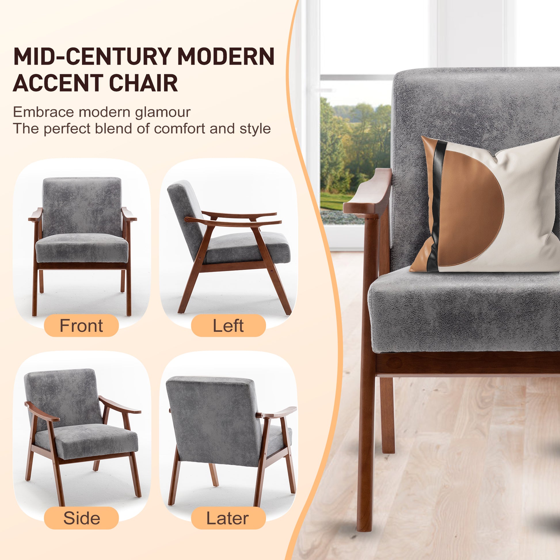Mid Century Modern Chair, Living Room Chair With Solid Wood Frame, Accent Chair Extra Thick Backrest, Wingback Chair For Bedroom, Reading Room, Living Room, Lounge Chair Indoor Grey Primary Living Space Mid Century Modern Foam Fabric