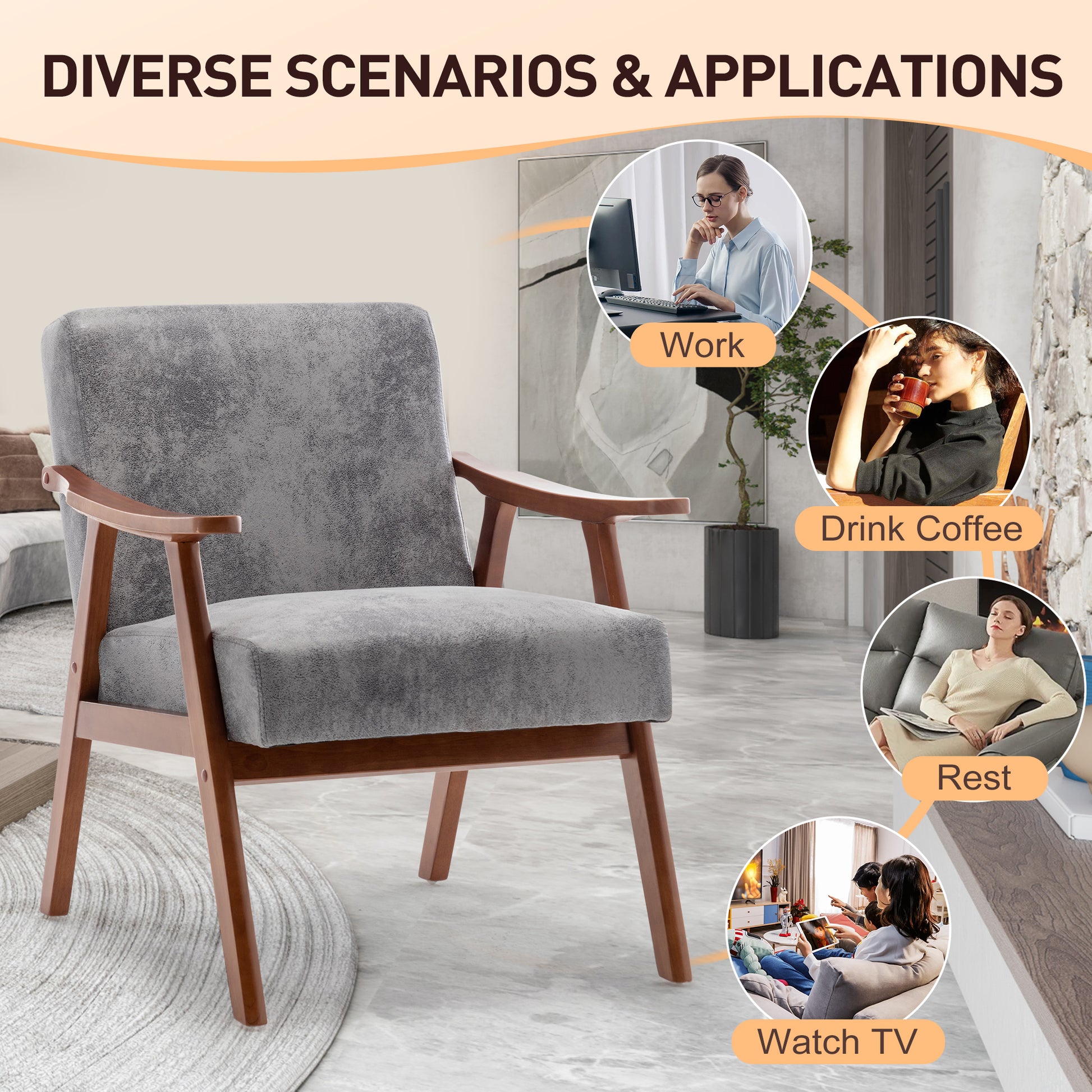 Mid Century Modern Chair, Living Room Chair With Solid Wood Frame, Accent Chair Extra Thick Backrest, Wingback Chair For Bedroom, Reading Room, Living Room, Lounge Chair Indoor Grey Primary Living Space Mid Century Modern Foam Fabric