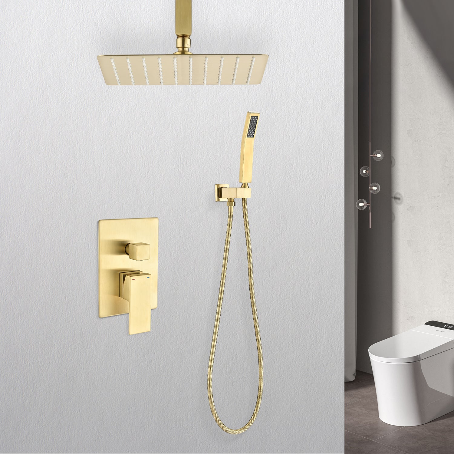 Ceiling Mounted Shower System Combo Set With Handheld And 16"Shower Head Brushed Gold Bathroom Brass
