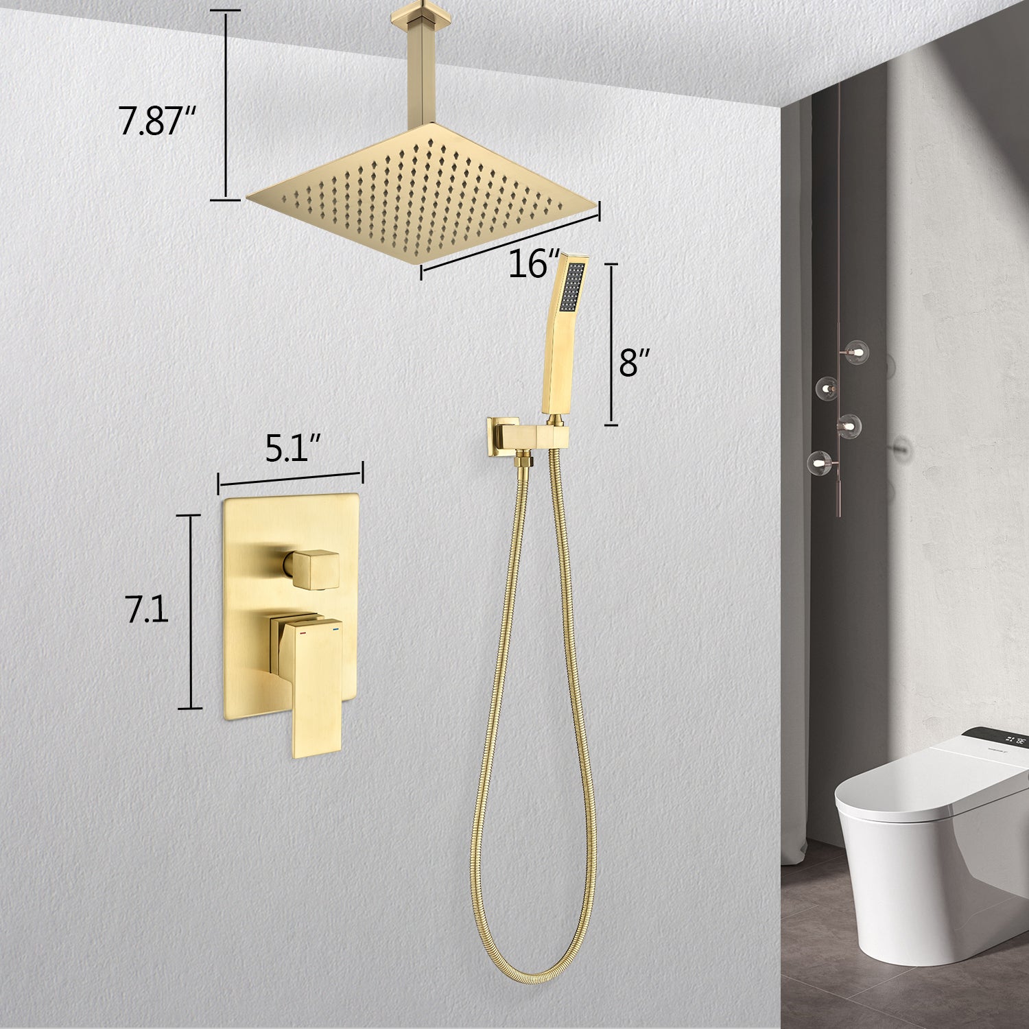 Ceiling Mounted Shower System Combo Set With Handheld And 16"Shower Head Brushed Gold Bathroom Brass