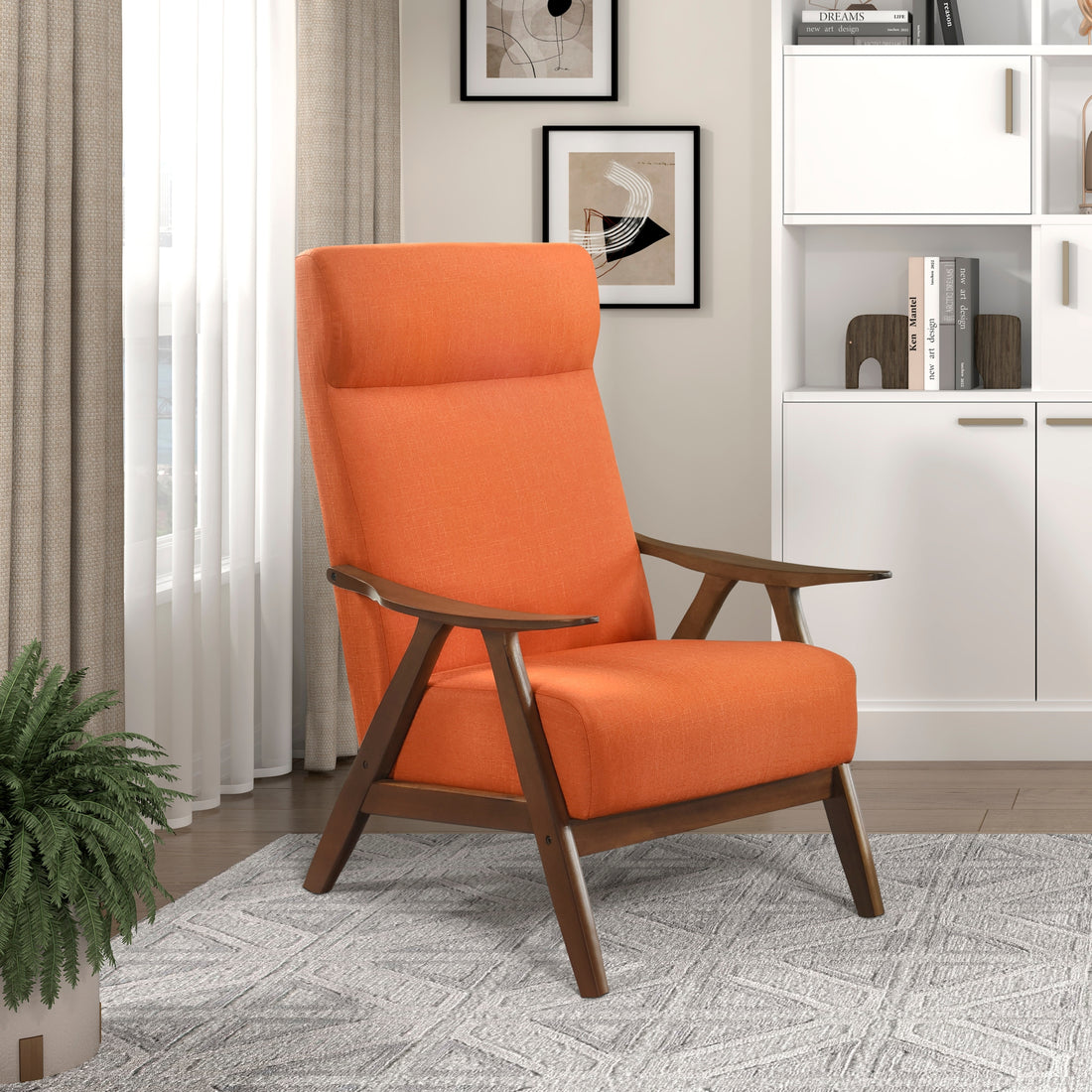 Modern Accent Chair 1Pc Orange Fabric Upholstered High Back Chair Cushion Seat And Back Walnut Finish Solid Wood Living Room Furniture Orange Primary Living Space Modern,Traditional Rubberwood Solid Wood