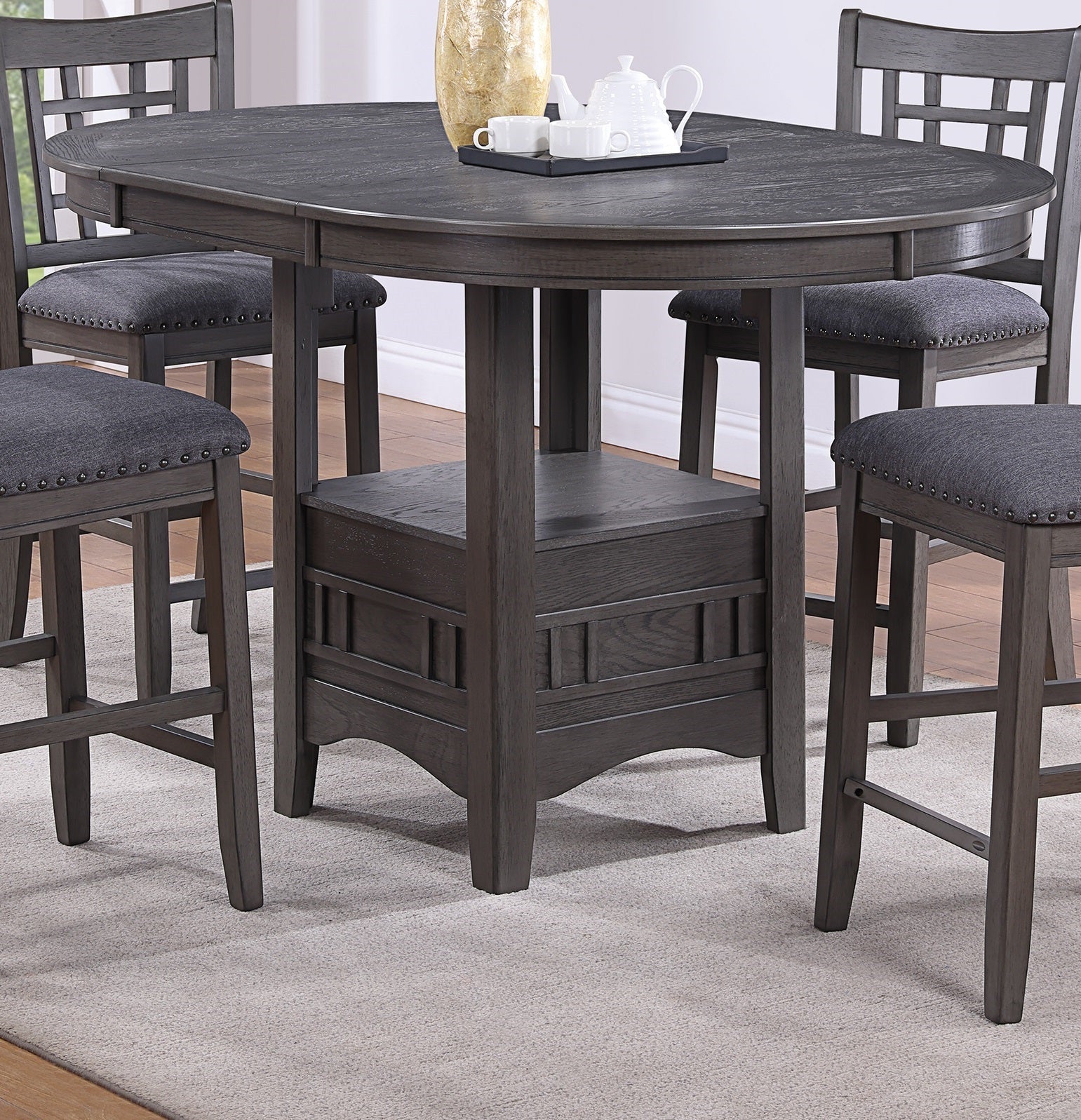 Contemporary Dining Room Counter Height 5Pc Dining Set Round Table W Leaf And 4X Side Chairs Gray Finish Solid Wood Light Brown Wood Dining Room Solid Wood Rubberwood Round Dining Table With Chair Wood Wood Gray Seats 4 42 Inches Drop Leaf