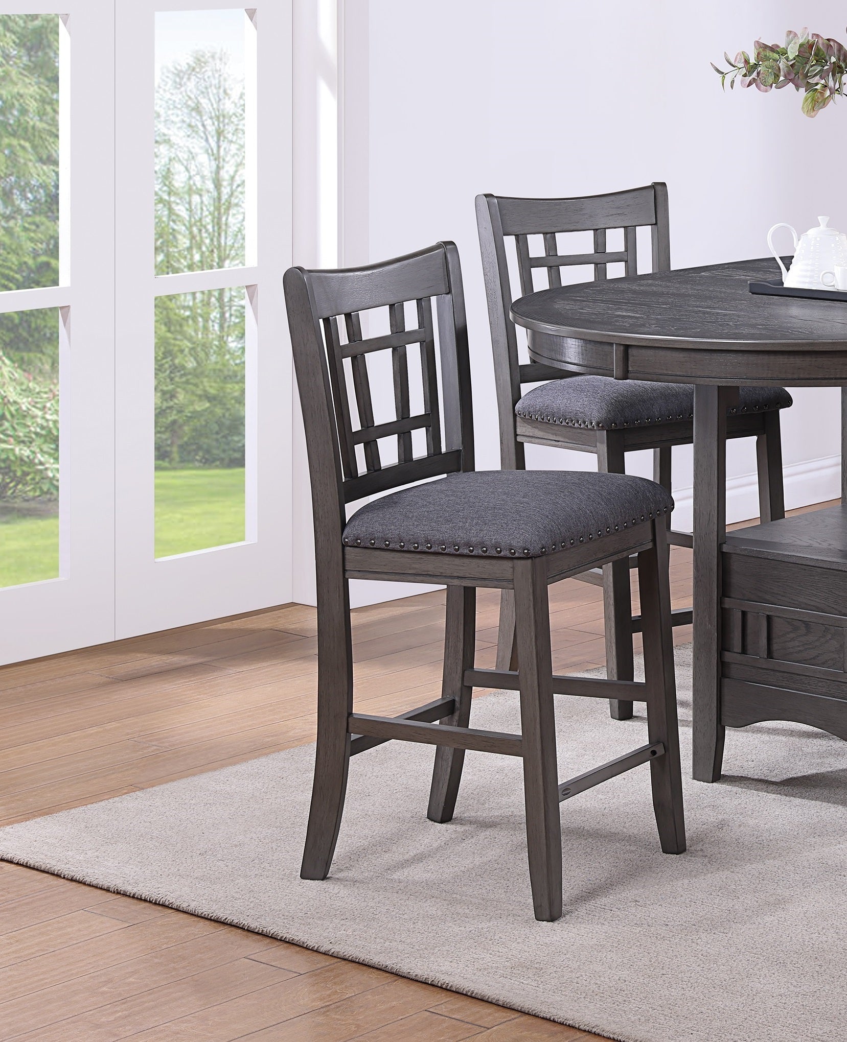 Contemporary Dining Room Counter Height 5Pc Dining Set Round Table W Leaf And 4X Side Chairs Gray Finish Solid Wood Light Brown Wood Dining Room Solid Wood Rubberwood Round Dining Table With Chair Wood Wood Gray Seats 4 42 Inches Drop Leaf