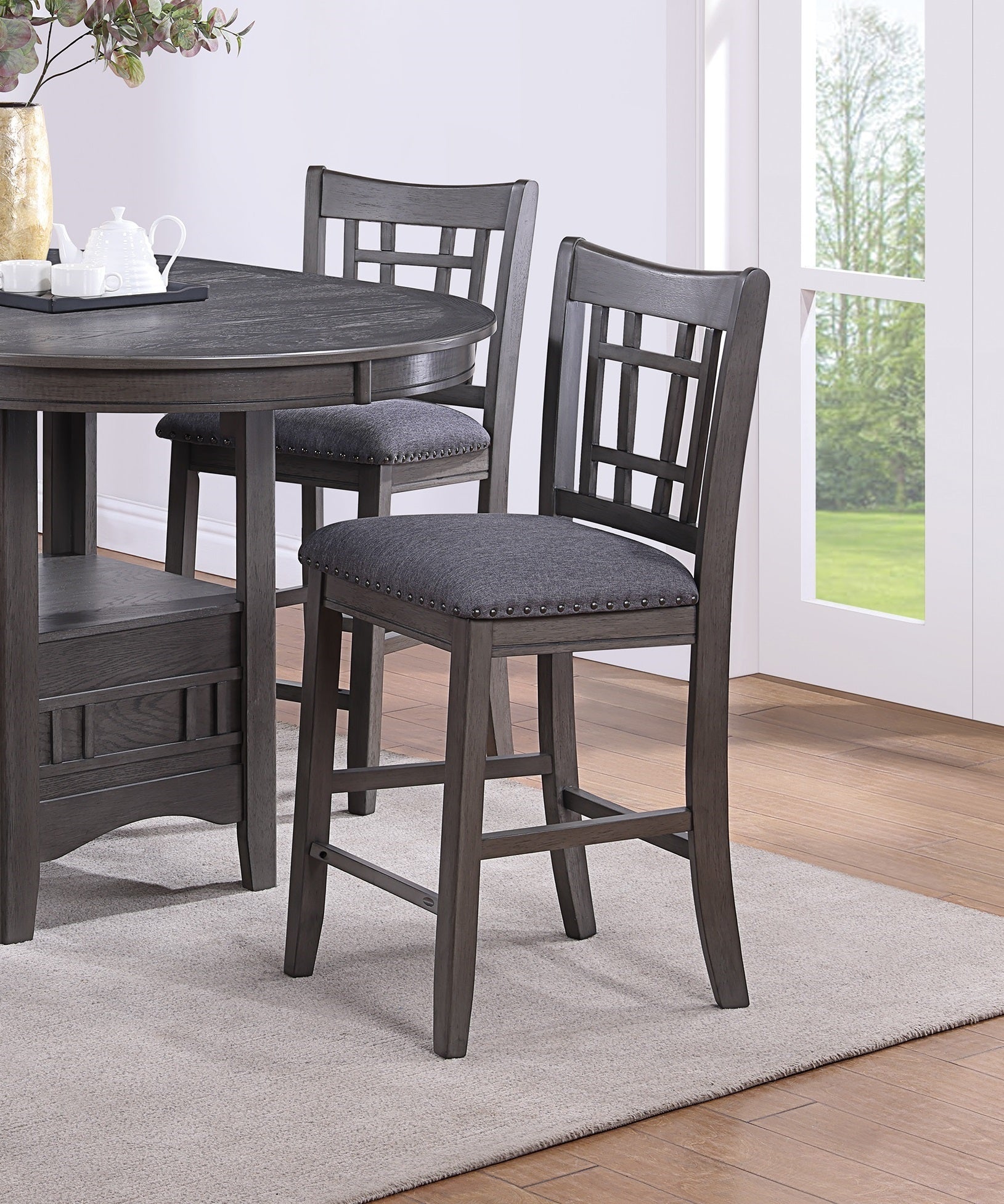 Contemporary Dining Room Counter Height 5Pc Dining Set Round Table W Leaf And 4X Side Chairs Gray Finish Solid Wood Light Brown Wood Dining Room Solid Wood Rubberwood Round Dining Table With Chair Wood Wood Gray Seats 4 42 Inches Drop Leaf