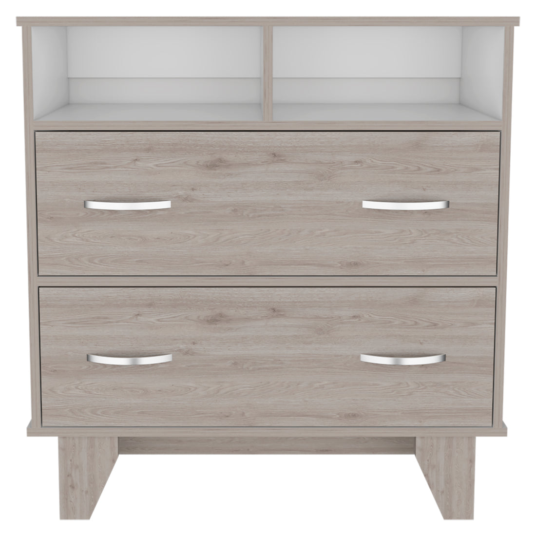 Portanova Two Drawer Dresser, Two Open Shelves, Superior Top, Four Legs Light Gray White Gray Bedroom Modern Particle Board Particle Board