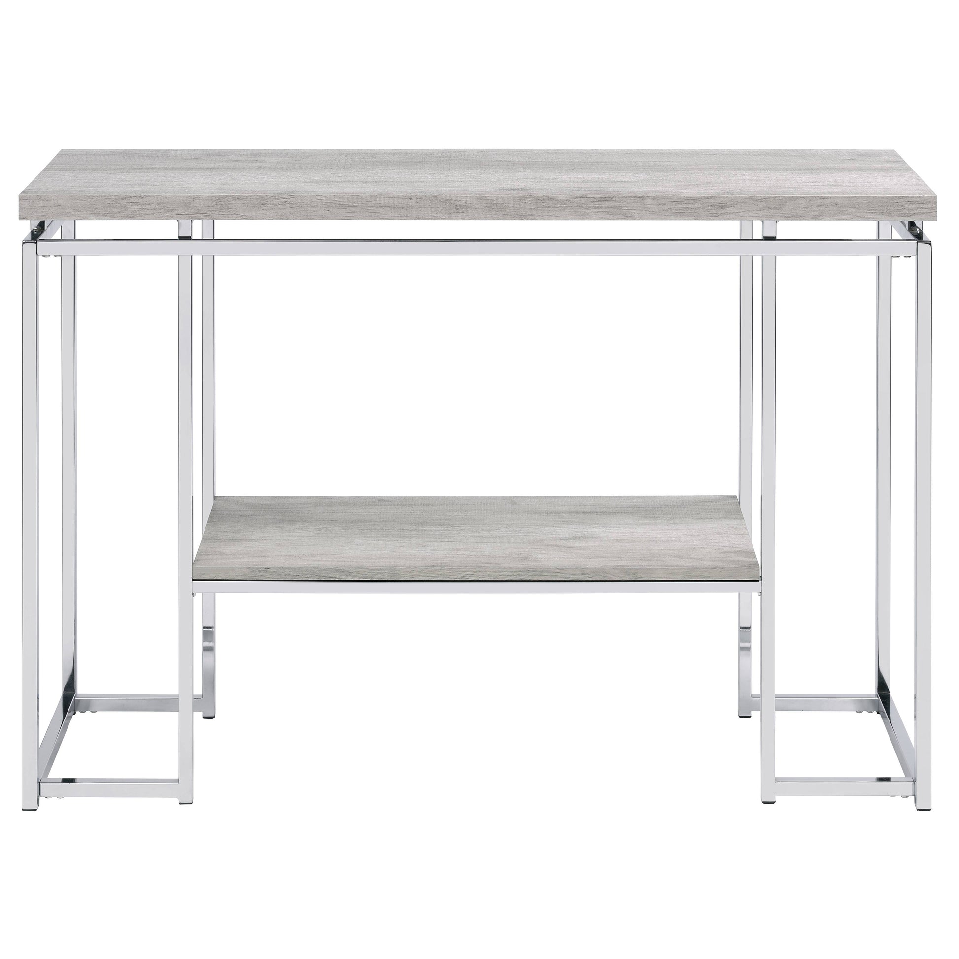 Natural Oak And Chrome Sofa Table Grey Silver Primary Living Space Contemporary Shelves Rectangular Wood Metal Sled