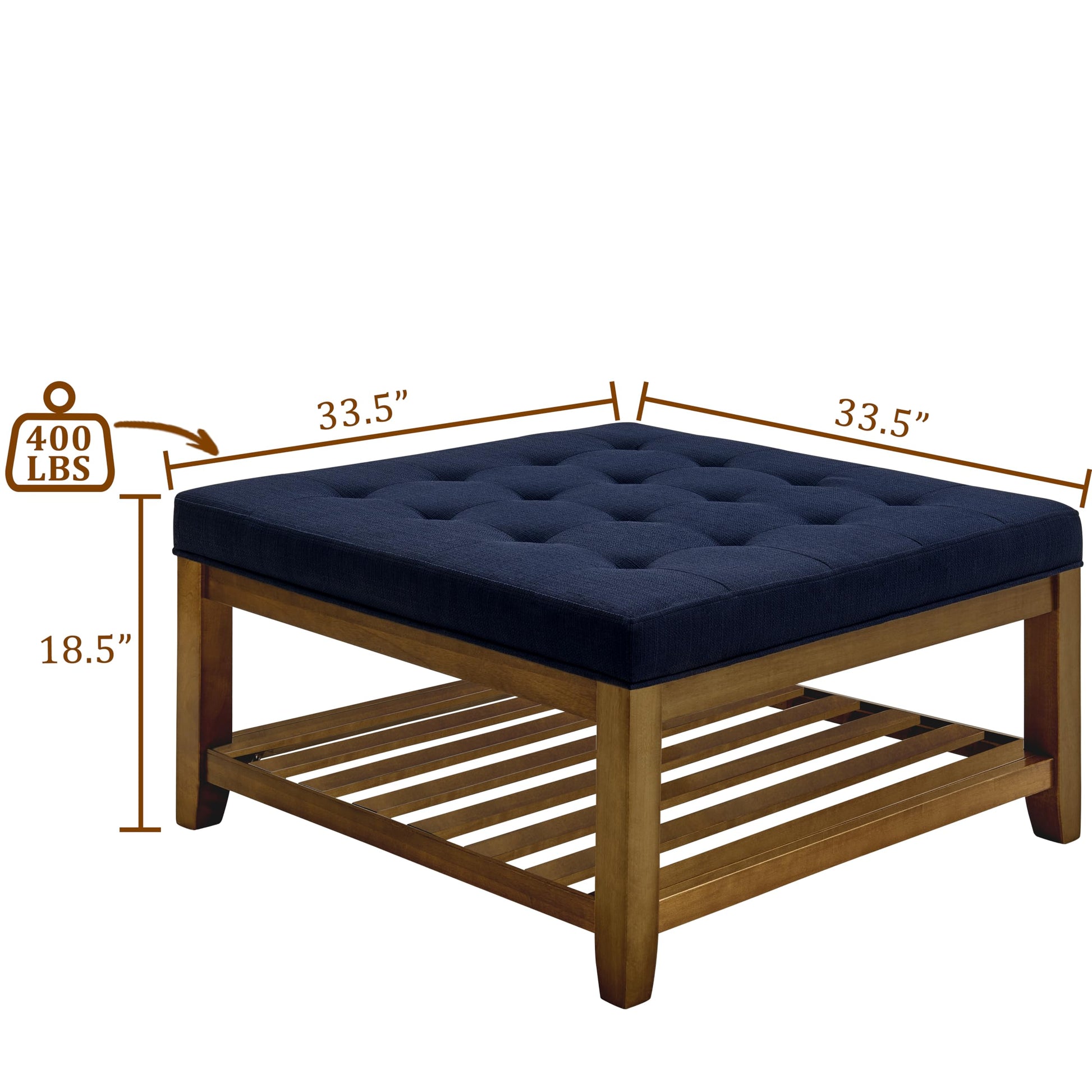Upholstered Coffee Table Tufted Linen Large Square Ottoman With Beech Wood Shelf And Frame, Oversized Footrest Ottoman For Living Room, Navy Blue Light Brown Wood Primary Living Space Heavy Duty Beech Wood Navy Blue Linen Or Linen Blend Medium Firm