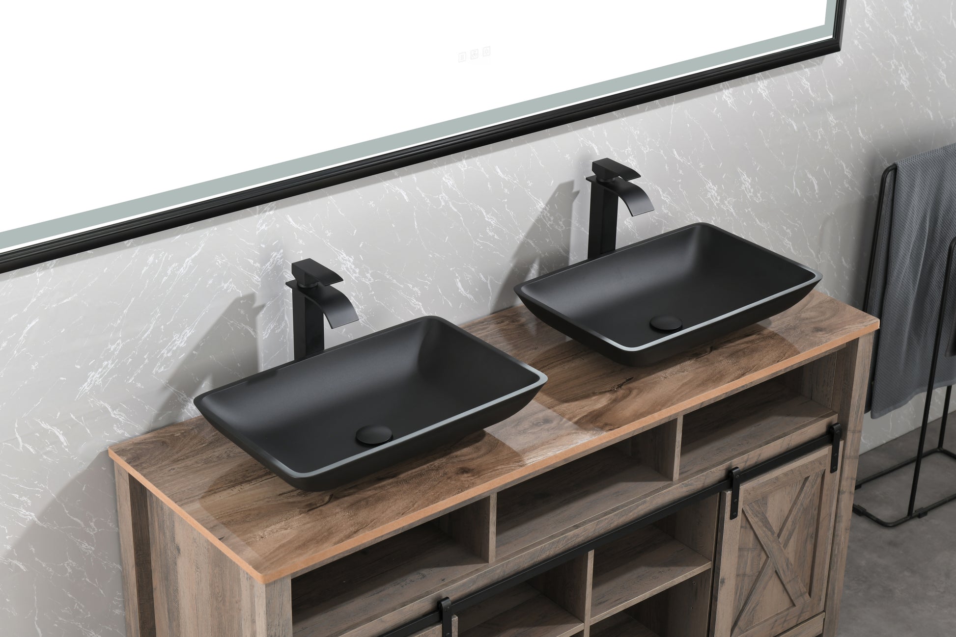 22" L 14" W 4" H Matte Black Glass Rectangular Vessel Bathroom Sink With Faucet And Pop Up Drain In Matte Black Matte Black Glass
