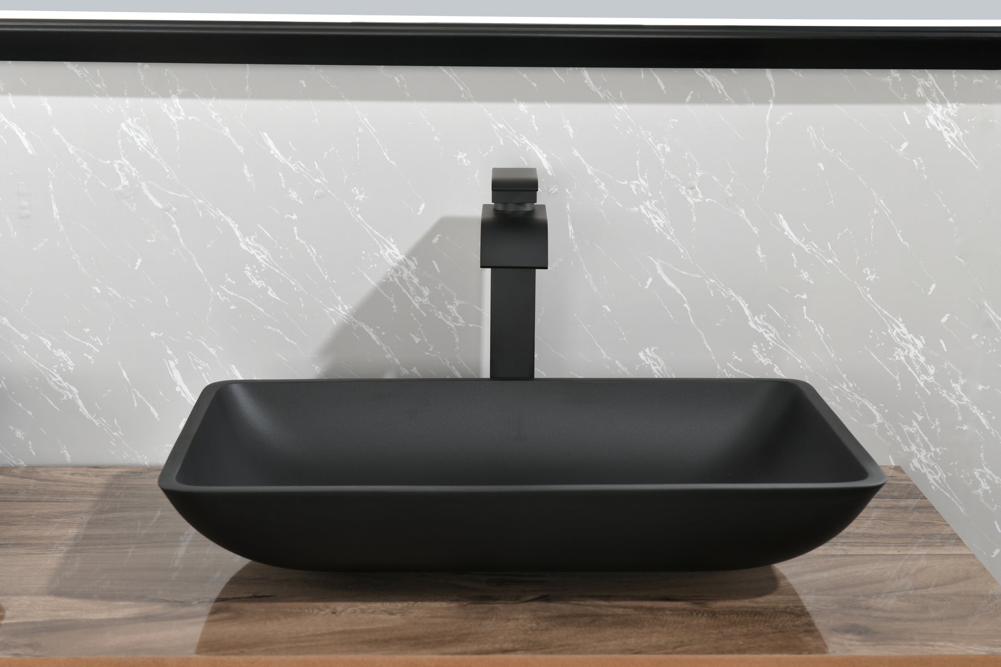 22" L 14" W 4" H Matte Black Glass Rectangular Vessel Bathroom Sink With Faucet And Pop Up Drain In Matte Black Matte Black Glass