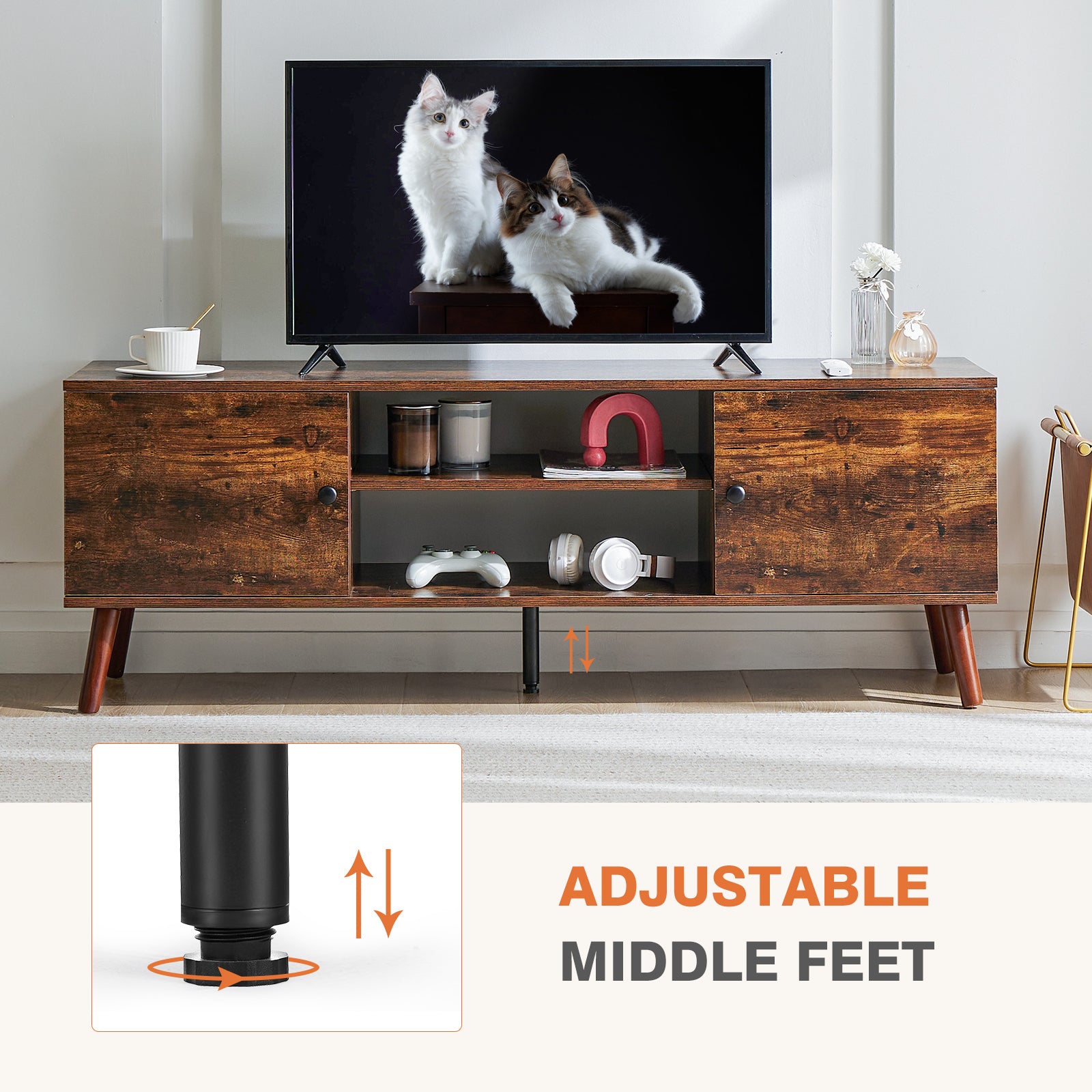 Can Accommodate 60 "Tv, Living Room Bedroom Tv Media Console, Adjustable Shelves, 2 Storage Cabinets, Brown Black Metal & Wood