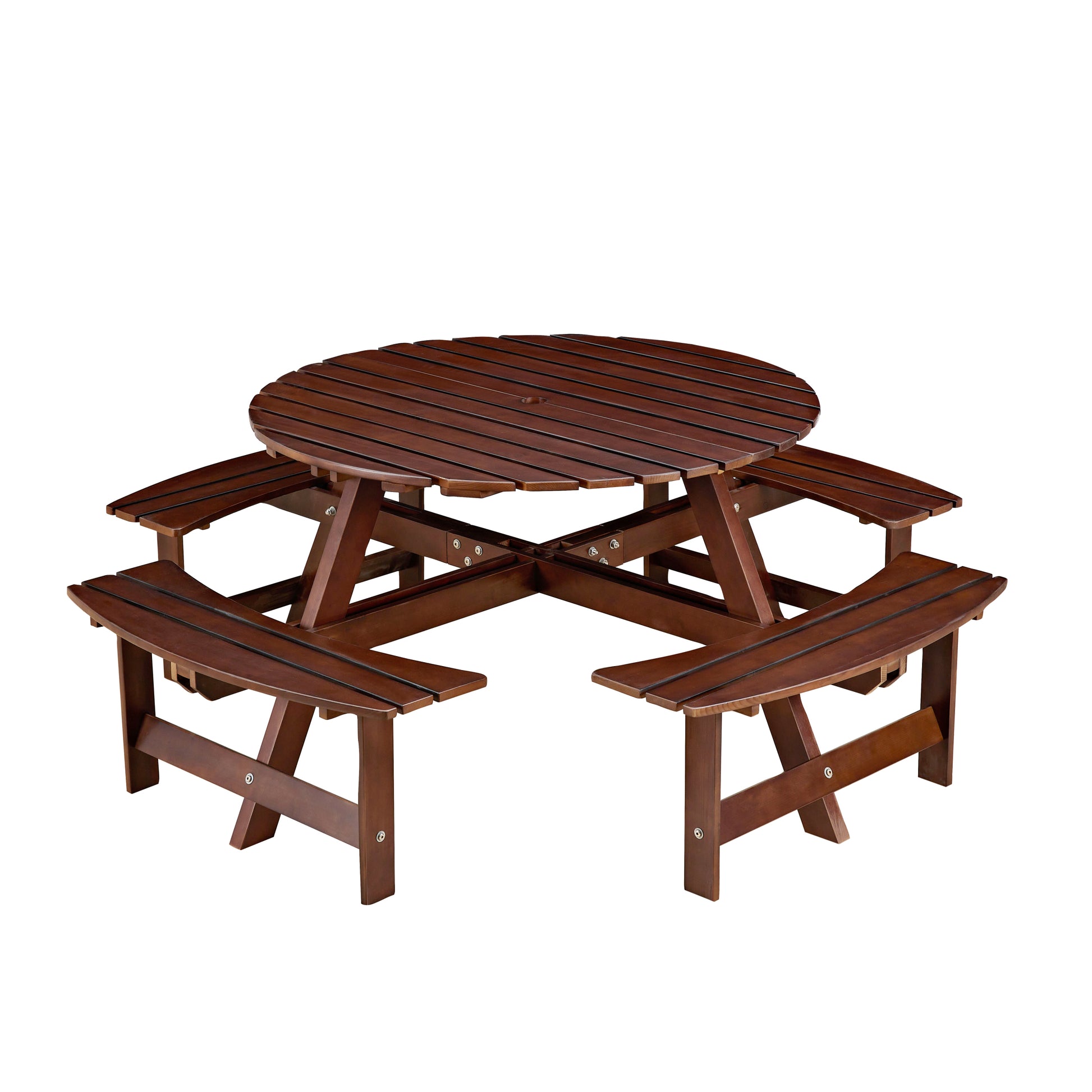 Outdoor 8 Person Picnic Table, 8 Person Round Picnic Table With 4 Built In Benches, Umbrella Hole, Outside Table And Bench Set For Garden, Backyard, Porch, Patio, Brown Brown Wood Metal