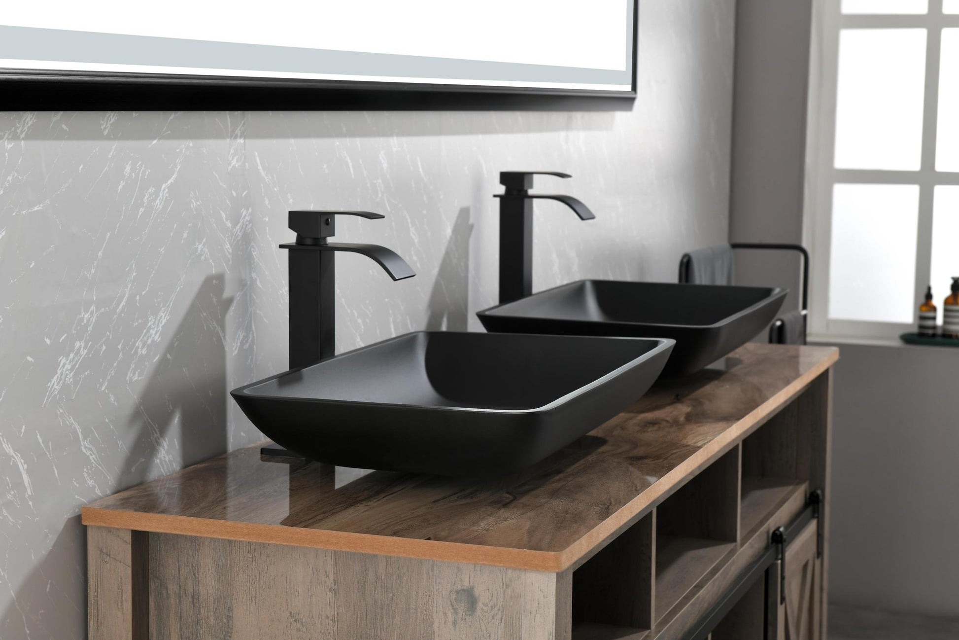 22" L 14" W 4" H Matte Black Glass Rectangular Vessel Bathroom Sink With Faucet And Pop Up Drain In Matte Black Matte Black Glass