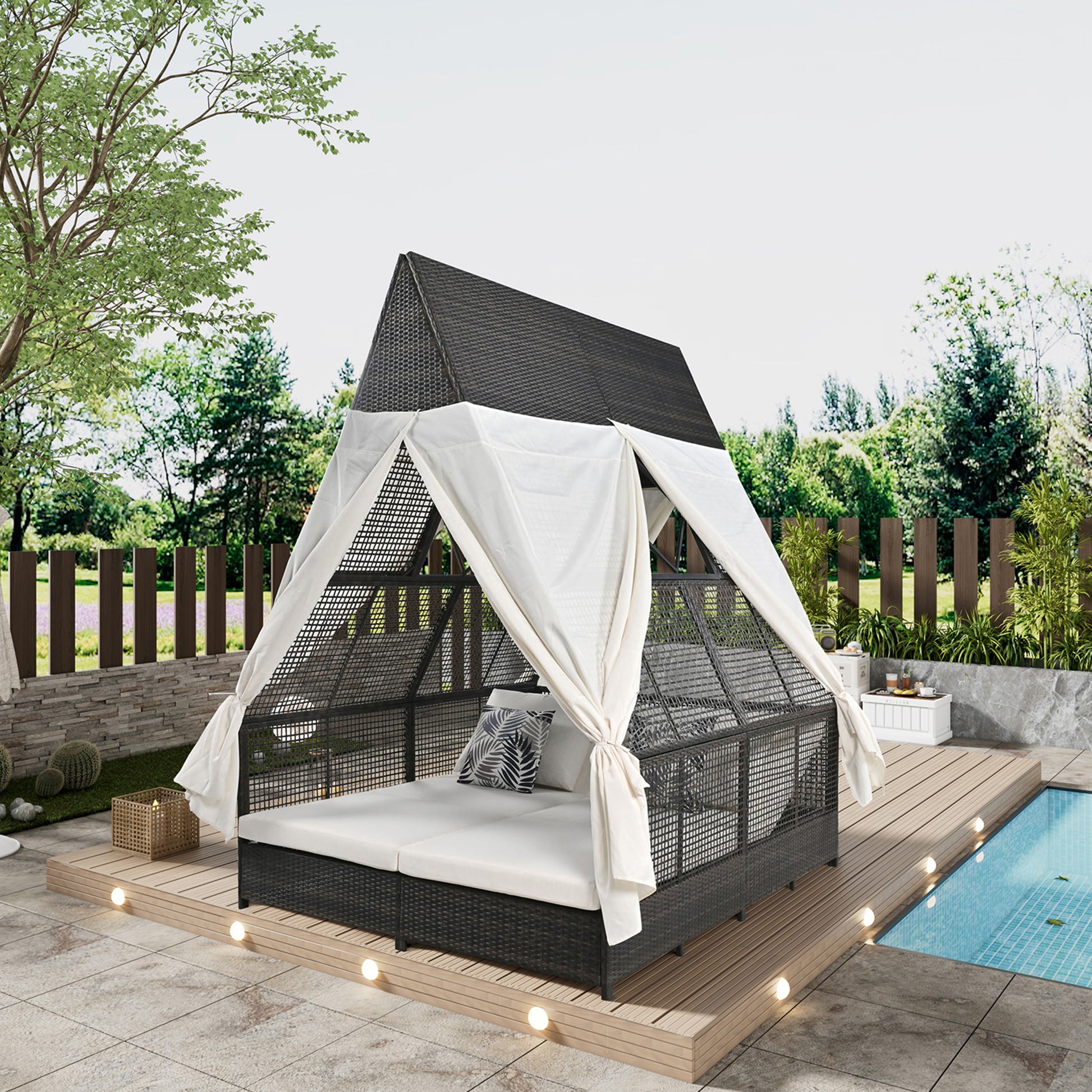 Outdoor Daybed Patio Lounge Bed With Adjustable Backrest Outdoor Double Sun Lounger With Curtains, 4 Pillows For Garden Patio Poolside Balcony Beach, Cream Yes Cream Water Resistant Frame Water Resistant Cushion Garden & Outdoor Sectional Seating Groups