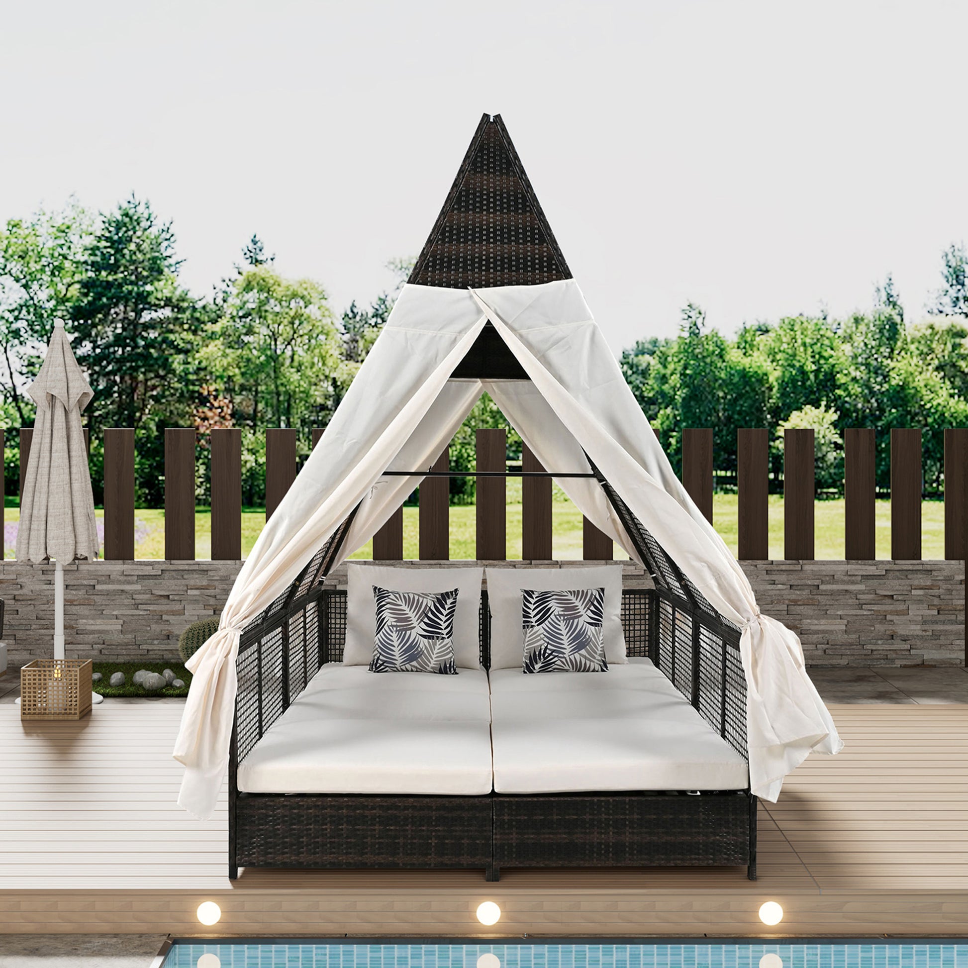 Outdoor Daybed Patio Lounge Bed With Adjustable Backrest Outdoor Double Sun Lounger With Curtains, 4 Pillows For Garden Patio Poolside Balcony Beach, Cream Yes Cream Water Resistant Frame Water Resistant Cushion Garden & Outdoor Sectional Seating Groups