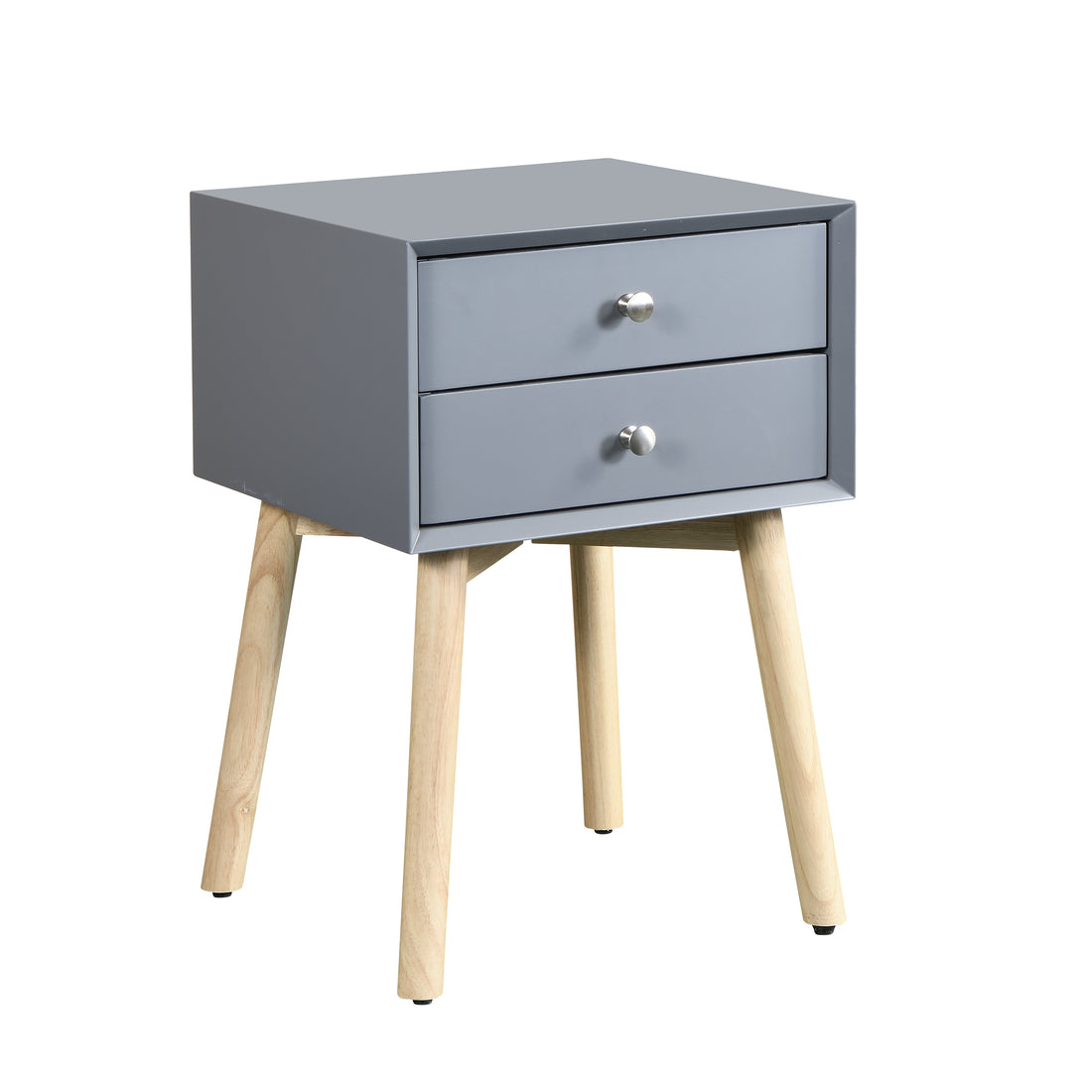 Side Table,Bedside Table With 2 Drawers And Rubber Wood Legs, Mid Century Modern Storage Cabinet For Bedroom Living Room, Gray Gray Mdf