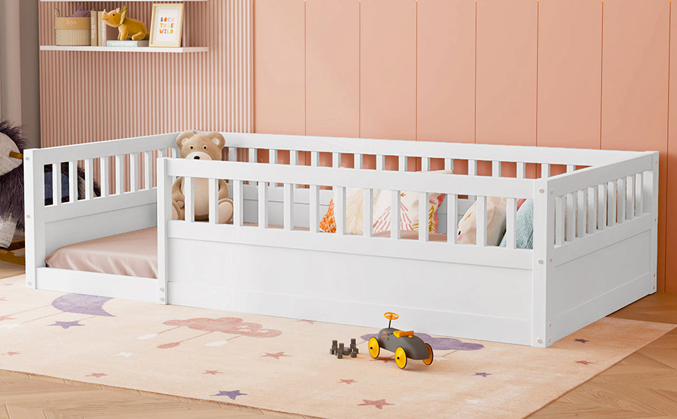 Twin Floor Bed Frame With Fence, Wood Kids Floor Beds Frame For Bedroom Playroom,White Twin White Pine