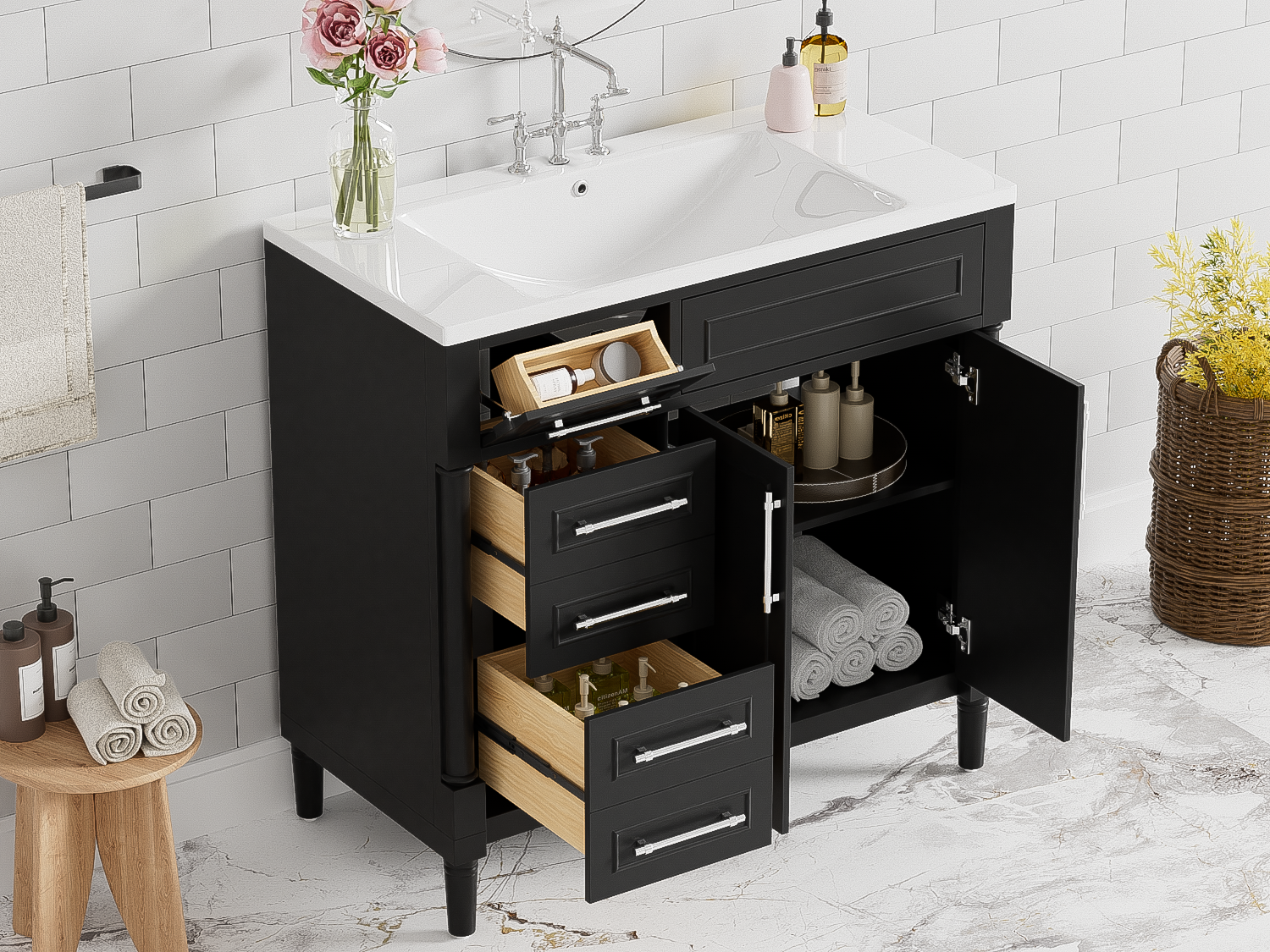 36'' Bathroom Vanity With Top Resin Sink, Freestanding Bathroom Storage Cabinet With 2 Drawers And A Tip Out Drawer, Solid Wood Frame Vanity Set, Height Adjustable Shelf 3 Black 2 2 Adjustable Shelves Bathroom Freestanding Solid Wood Mdf Resin Painted