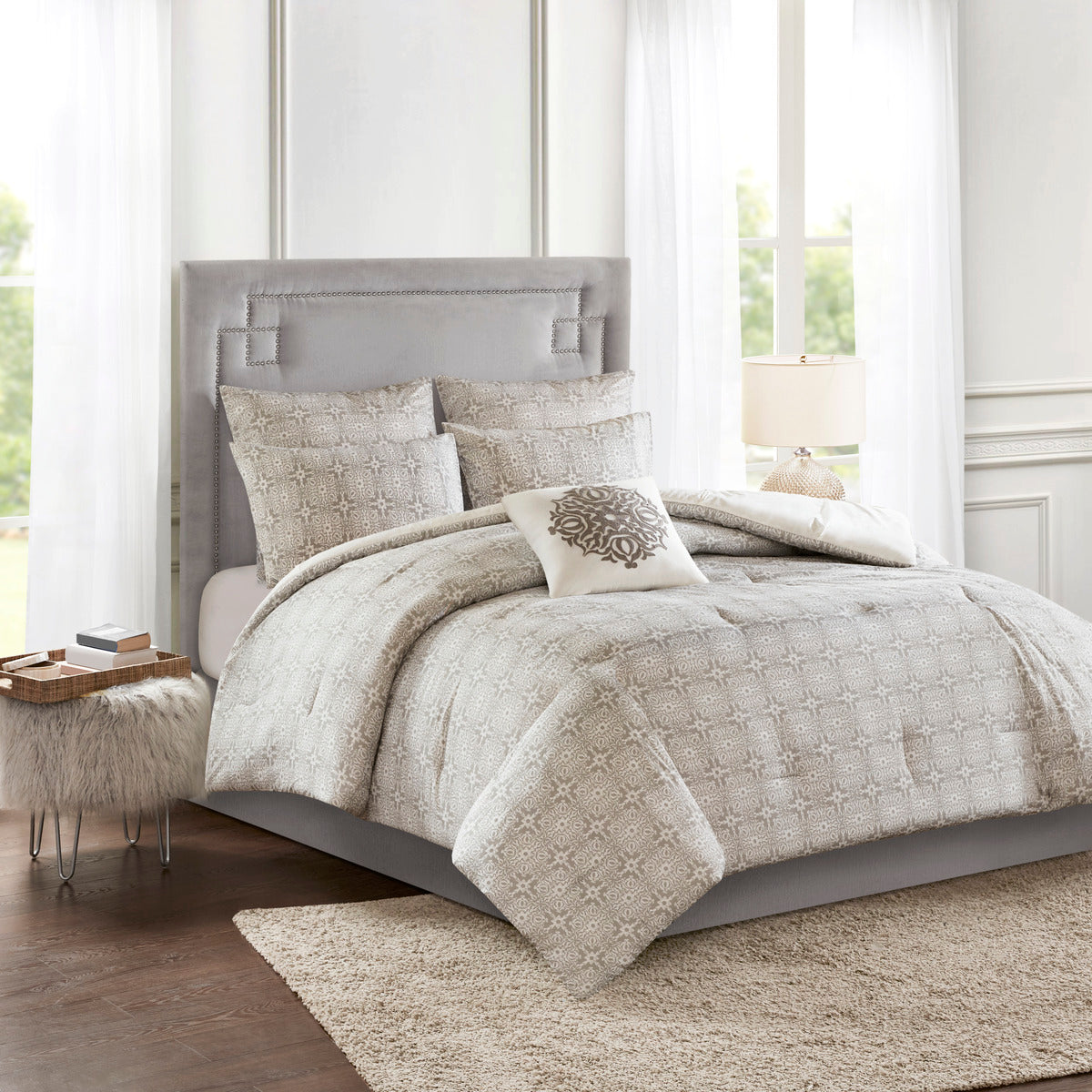 6 Piece Embroidered Cotton Reversible Comforter Set Ivory Full Queen Full Ivory Polyester