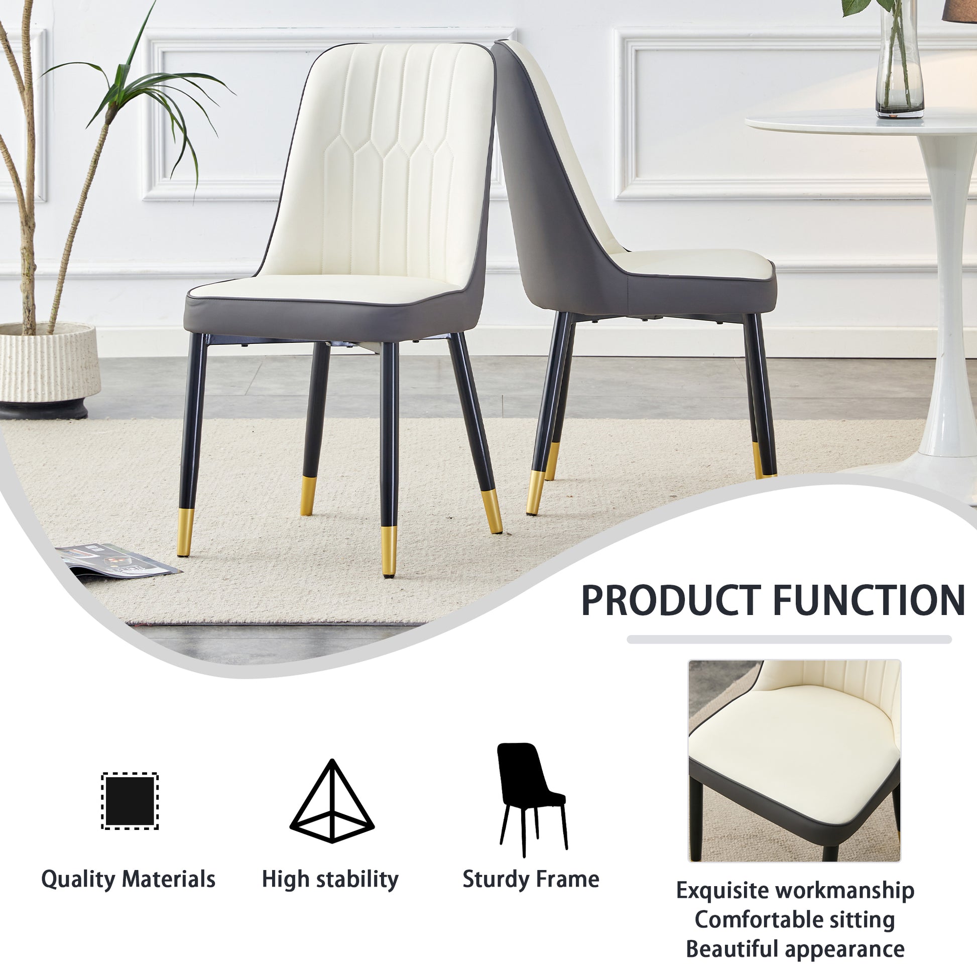 Large Modern Minimalist Rectangular Dining Table With 0.39 "Imitation Marble Black Tabletop And Golden Metal Legs, Paired With Chairs With Pu Cushions And Black Metal Legs. F 1537 C 007 Black Gold Glass Metal