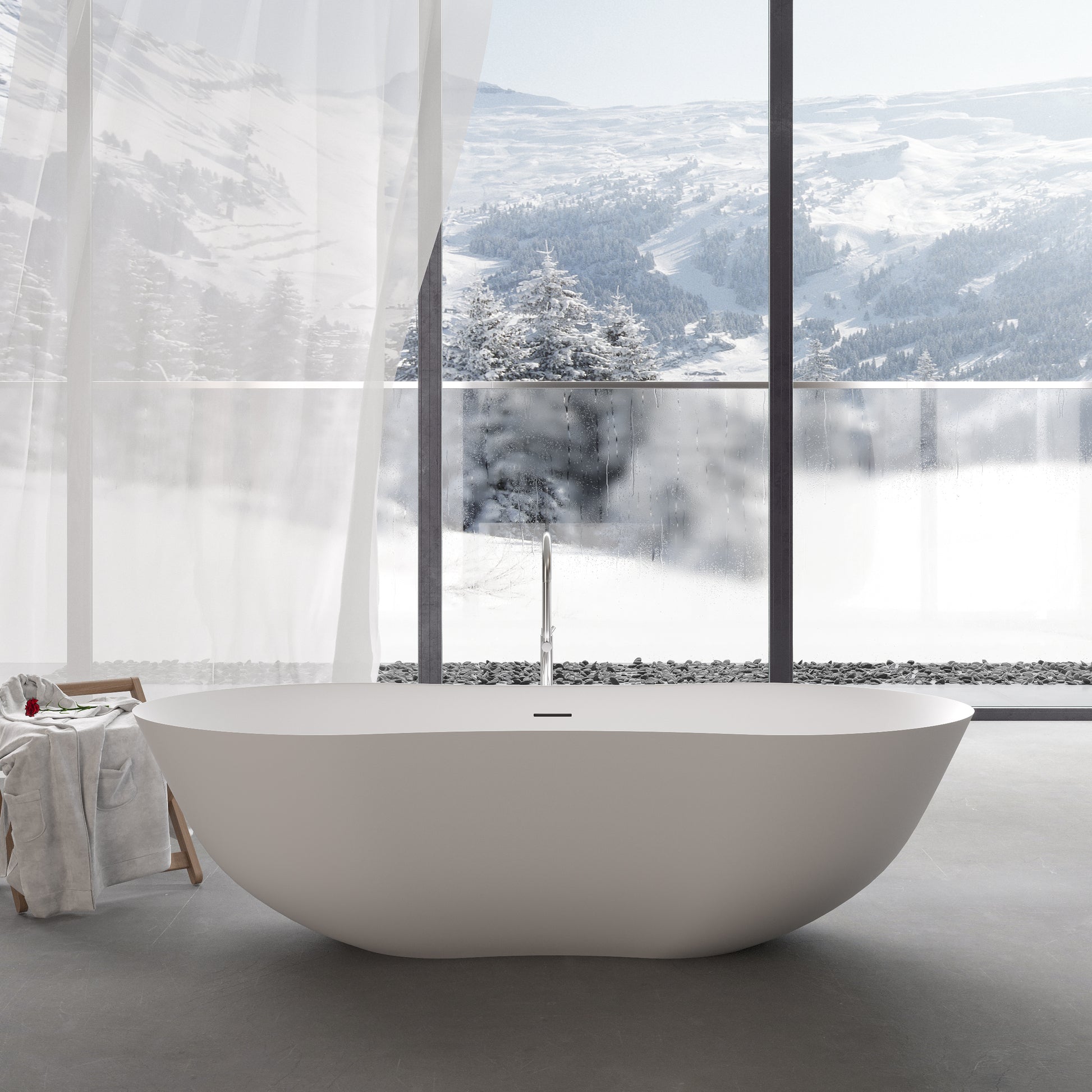67" Freestanding Solid Surface Bathtub, Stone Resin Freestanding Bath Tub With Overflow And Pop Up Drain, Matte White 24S10 67Mw Matte White Bathroom Freestanding Tubs Solid Surface