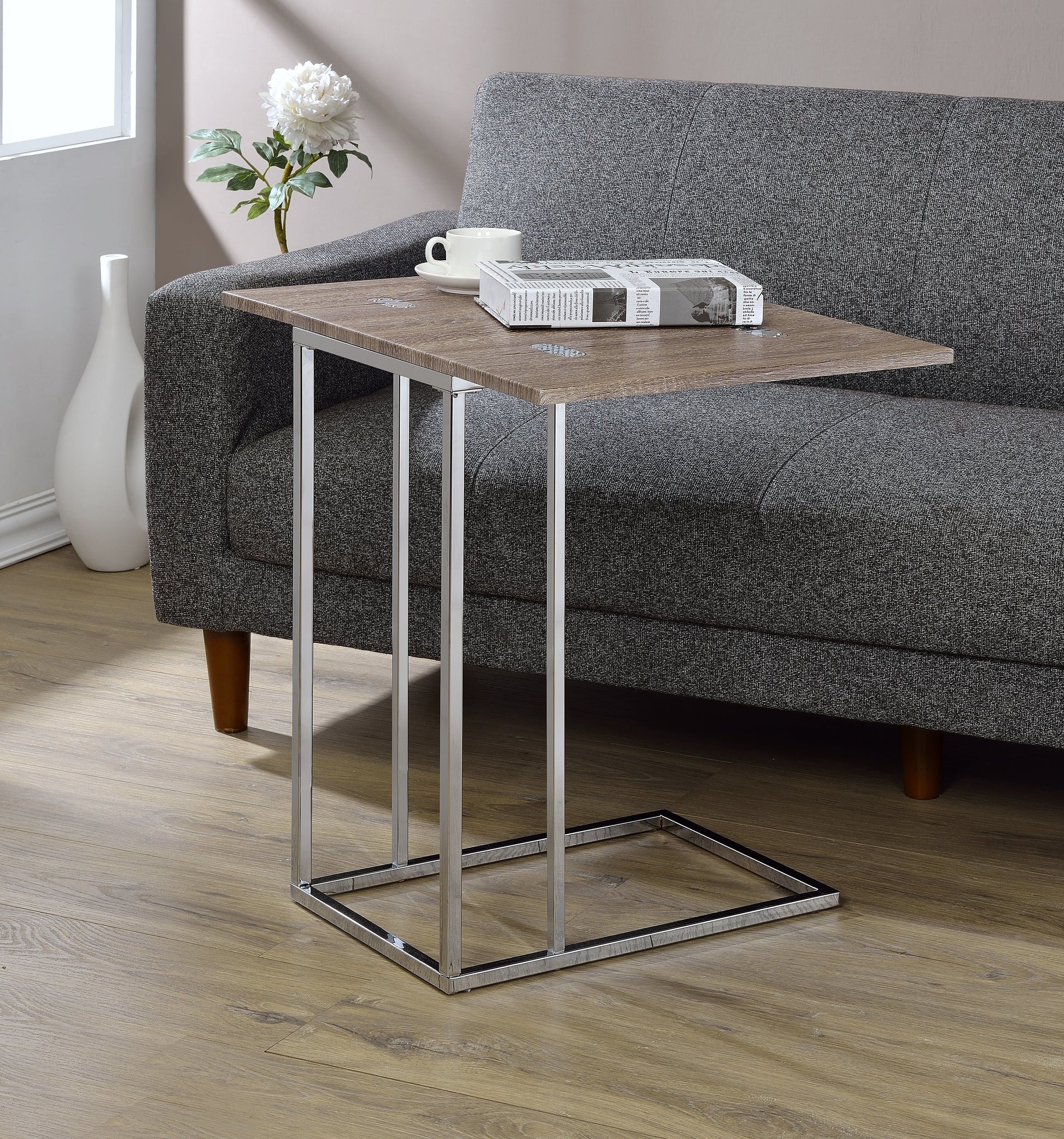 Danson Weathered Oak & Chrome Finish Accent Table Oak Wood Synthetic Wood