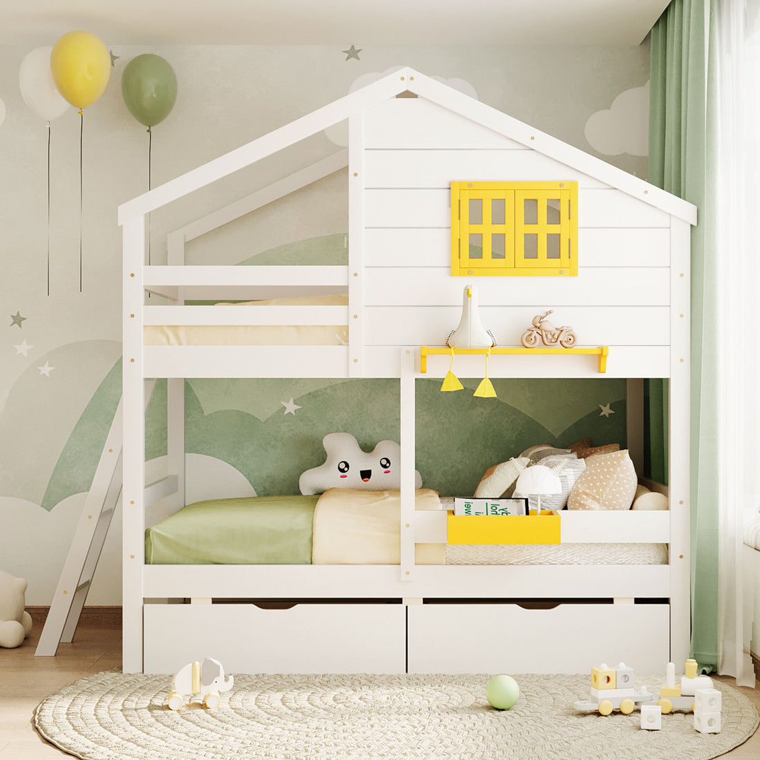 Twin Over Twin Bunk Bed With 2 Drawers, 1 Storage Box, 1 Shelf, Window And Roof White Old Sku:Lt001608Aak Twin White Solid Wood