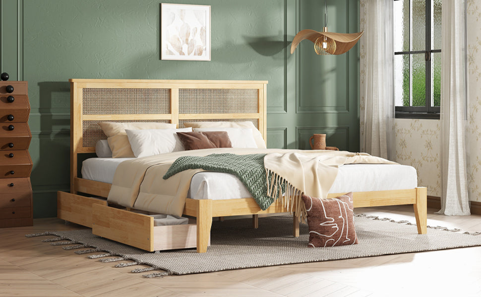 King Size Bed With Rattan Headboard, Two Storage Drawers, Rubber Wood Bed With Enhanced Support Salts And Feet,White Oak King White Oak Rubber Wood