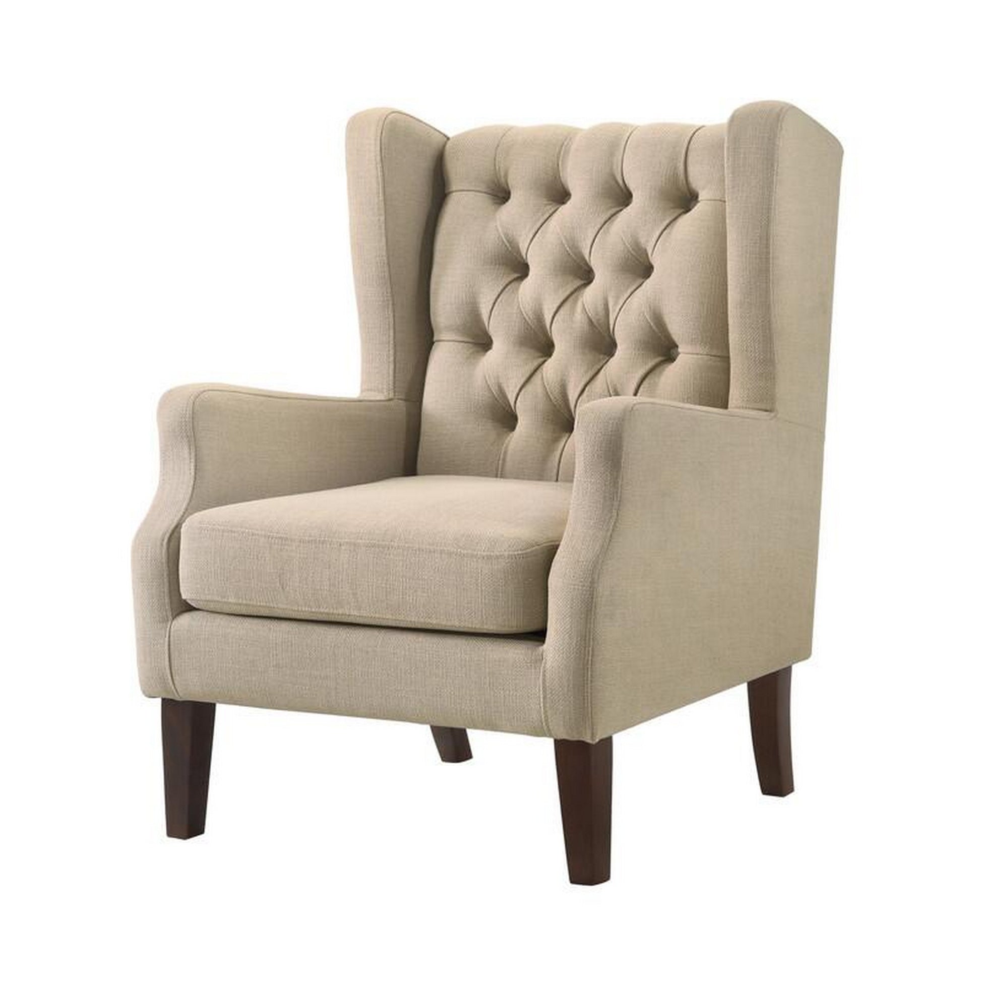 Keva 31 Inch Accent Chair, Deep Button Tufted Wingback, Soft Beige Fabric Beige Wood Fabric