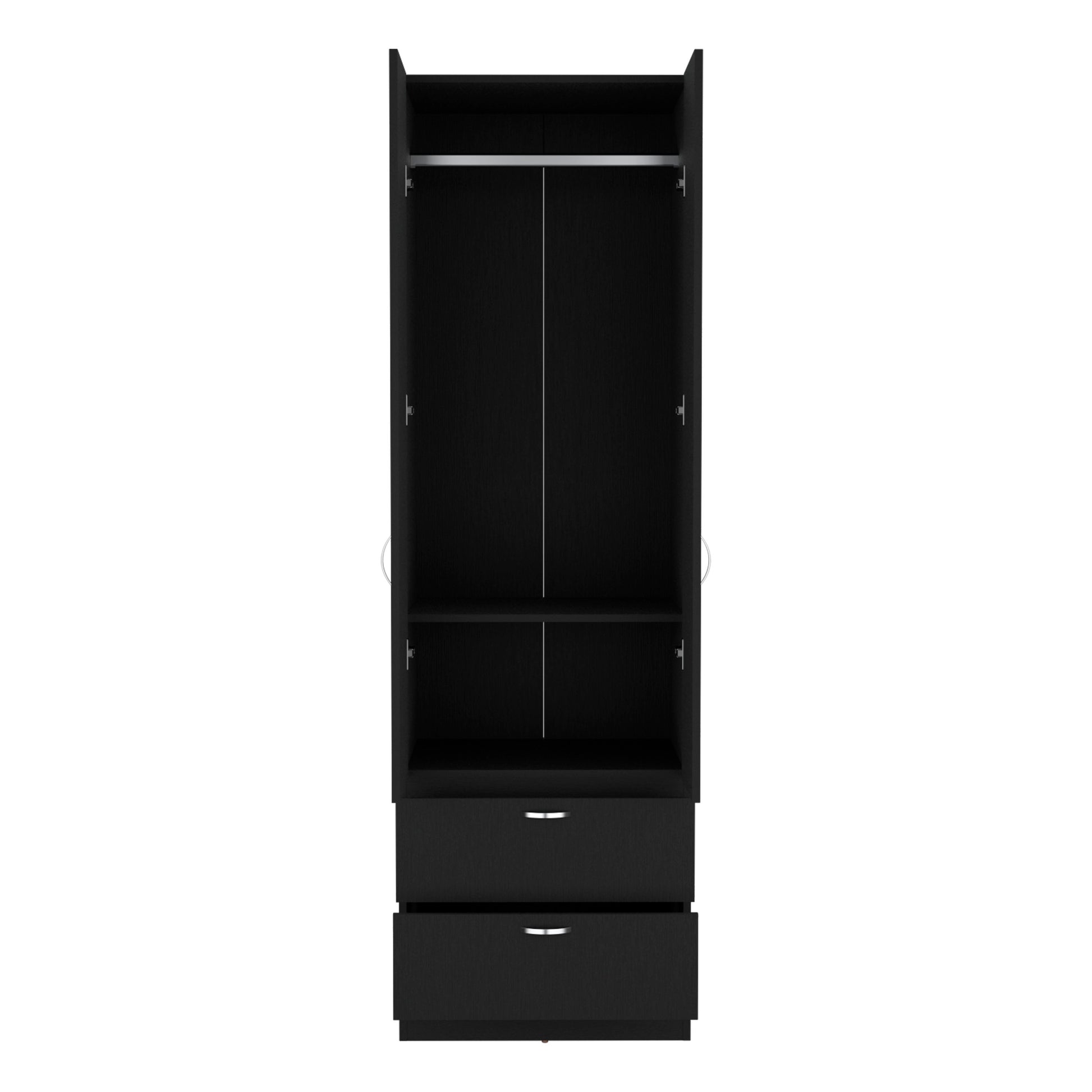 Armoire Wardrove 76" H, Hanging Rod, 2 Drawers, 1 Shelf, Black Black Solid Wood Mdf Engineered Wood