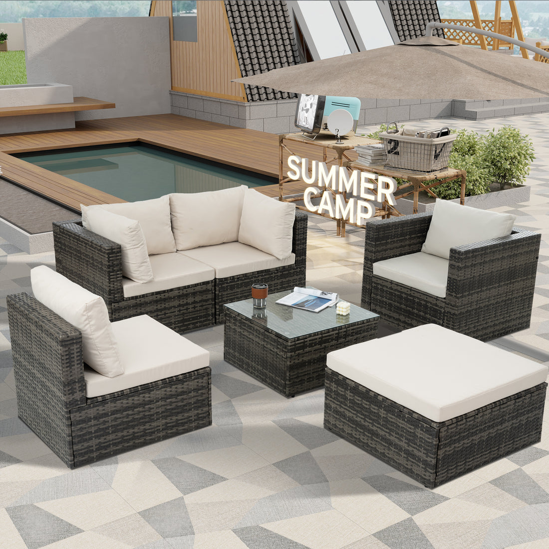 Patio Furniture, Outdoor Furniture, Seasonal Pe Wicker Furniture, 6 Set Wicker Furniture With Tempered Glass Coffee Table Dark Gray Seats 4 Pe Rattan Iron Waterproof Fabric