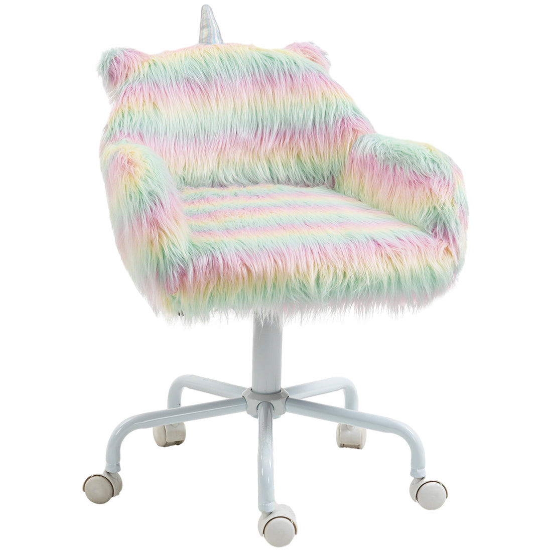 Homcom Fluffy Unicorn Office Chair With Mid Back And Armrest Support, 5 Star Swivel Wheel White Base, Rainbow Multicolor Faux Fur