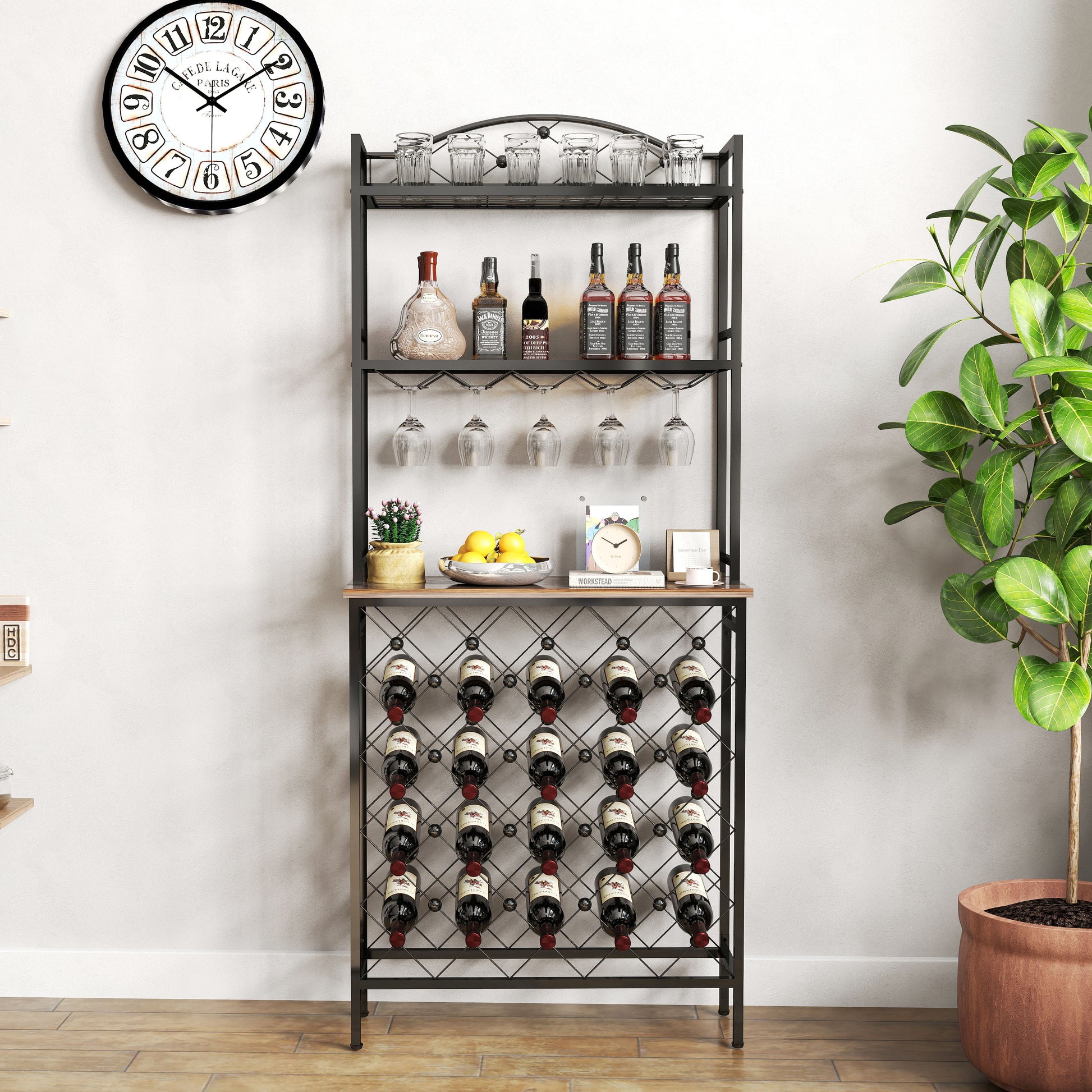 Industrial Wine Rack Bar Table, 3 Tier Liquor Bottle And Glass Holder With Storage Shelves, Metal And Wood Wine Organizer For Home Kitchen, Dining Room, And Living Room Black Brown Kitchen American