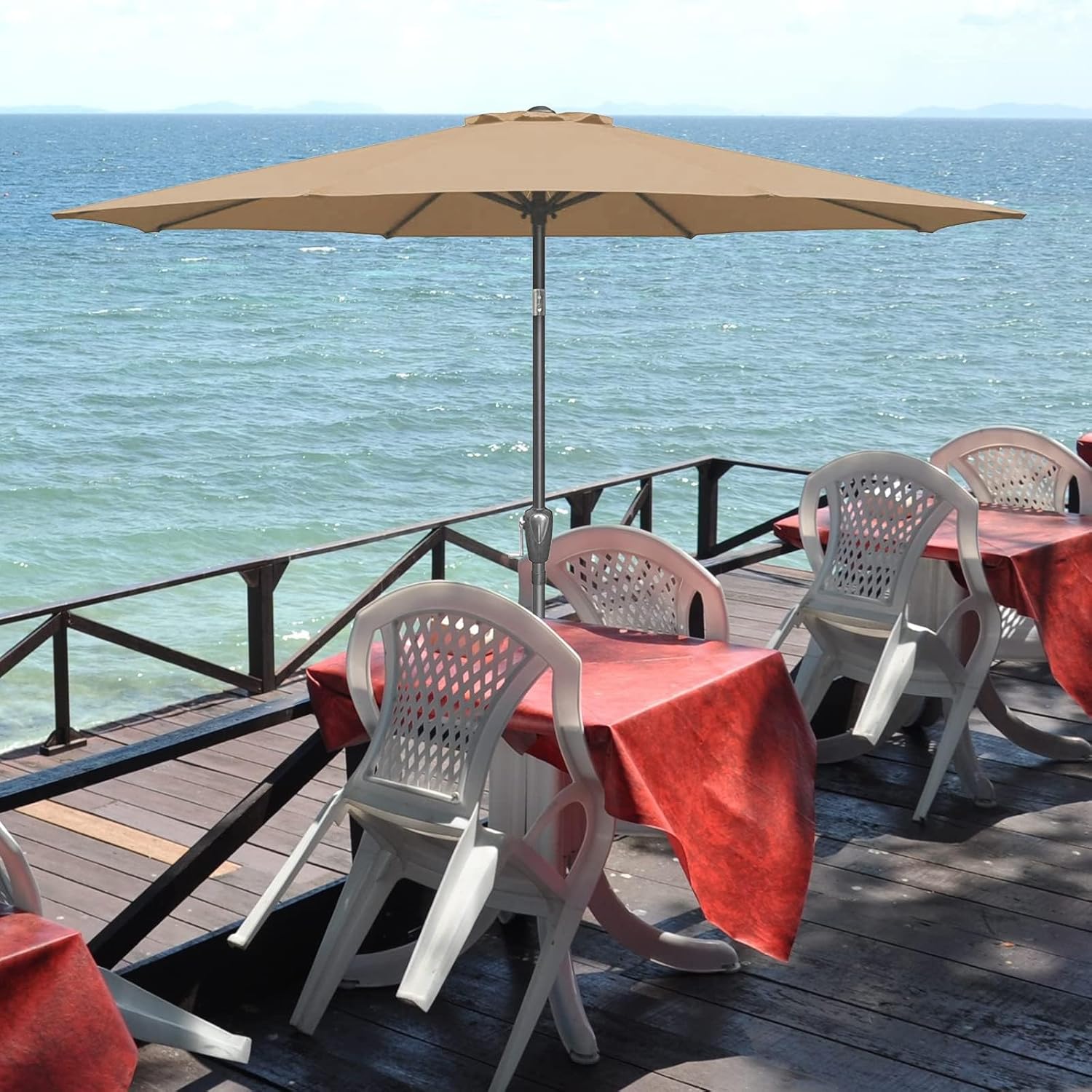 9Ft Outdoor Patio Umbrella Table Market Umbrella With Push Button Tilt And Crank, 8 Sturdy Ribs, Uv Protection Waterproof For Garden, Lawn, Deck, Backyard, Pool,Tan Tan Polyester