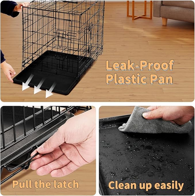 36 Inch Folding Metal Wire Dog Crate, Durable, Foldable, Collapsible Double Door Dog Crate With Removable Leak Proof Pan, Portable Dogs Crate With Divider, Black Black Iron