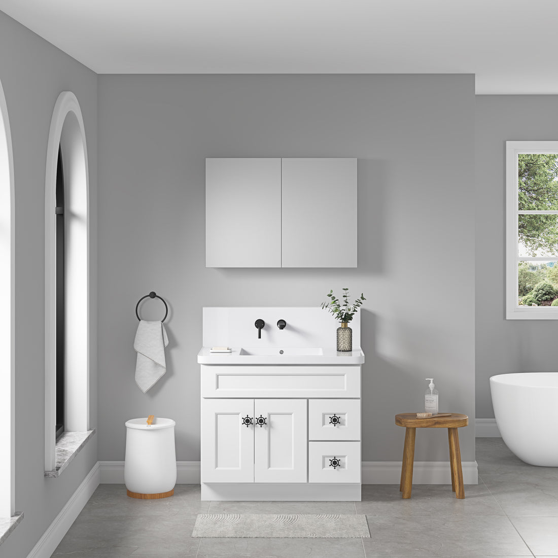 36'' W X 26'' H Bathroom Mirror Medicine Cabinet Wooden Door Medicine Cabinets For Bathroom, Wall Mounted Recessed Or Surface, Bathroom Mirror With Storage White Engineered Wood