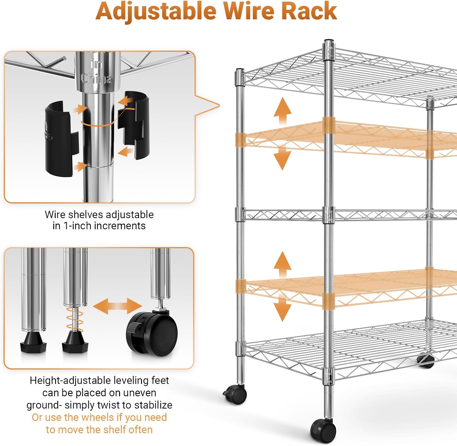 Heavy Duty 3 Tier Storage Shelves 750Lb Capacity, 24.02" D X 13.78" W X 29.92" H Adjustable Shelving Unit With Wheels, Chrome, 2 Pack Silver Steel
