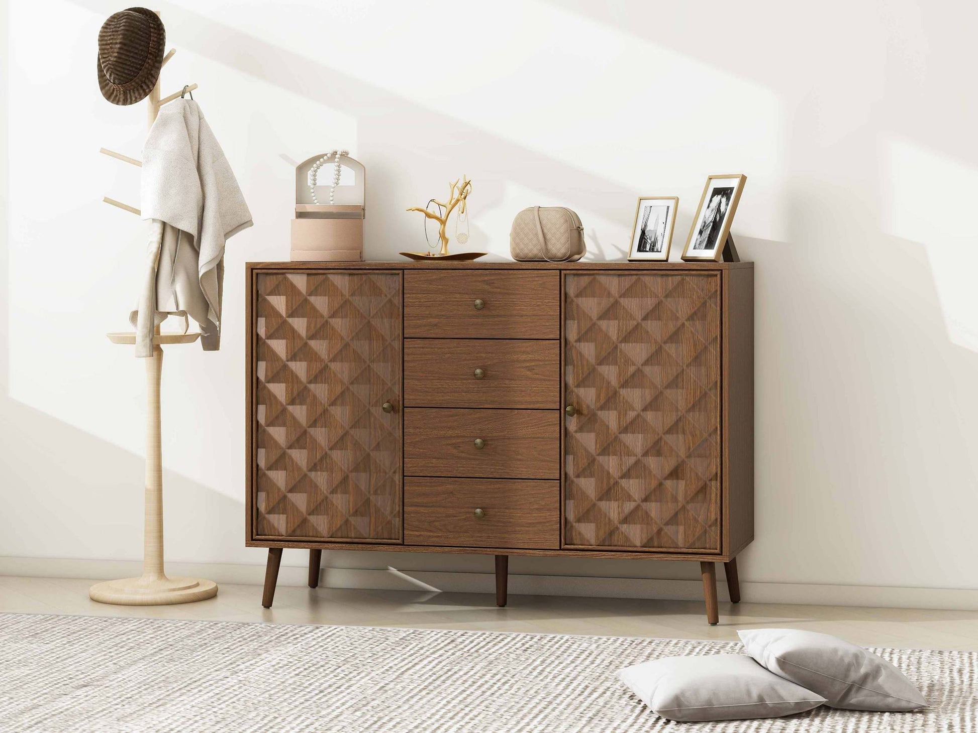 2 Door 4 Drawer Cabinet, Suitable For Bedroom, Living Room, Study Walnut Particle Board