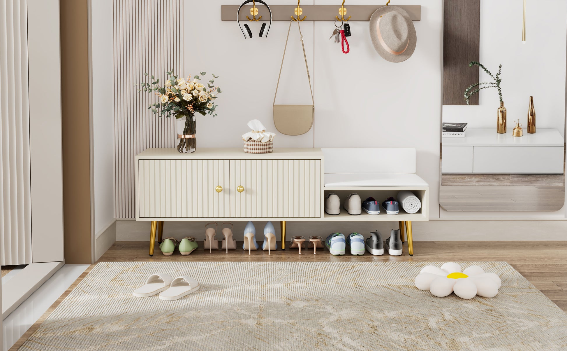 Modern Shoe Storage Bench With Hidden Storage And Upholstered Cushions For Bedside, Living Room And Entryway Antique White Antique White Mdf Metal