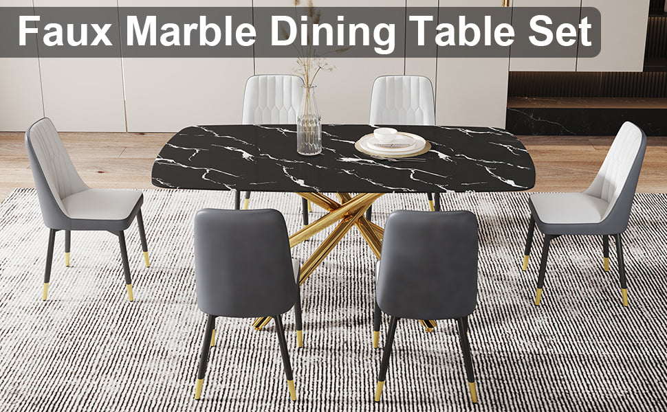 Large Modern Minimalist Rectangular Dining Table With 0.39 "Imitation Marble Black Tabletop And Golden Metal Legs, Paired With Chairs With Pu Cushions And Black Metal Legs. F 1537 C 007 Black Gold Glass Metal
