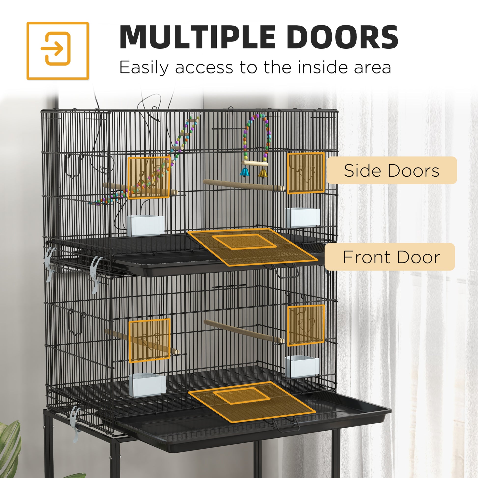 Pawhut Double Stackable Bird Cage With Stand, Wooden Swing, Rope Ladder & Wheels For Canaries, Lovebirds Finches, Budgie Cage With Storage Shelf, Removable Tray, Wooden Perches & Food Containers Black Steel