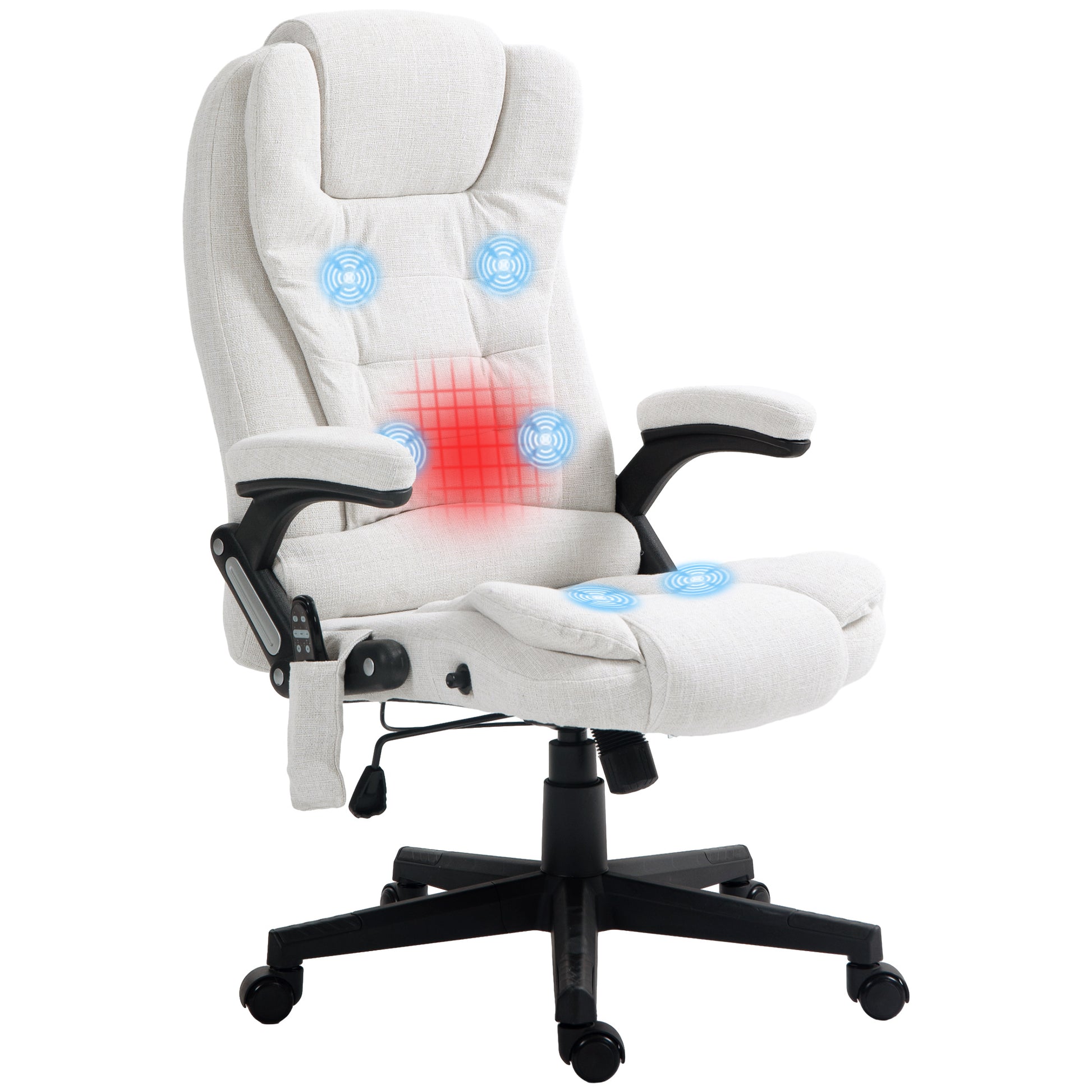 Homcom 6 Point Vibrating Massage Office Chair With Heat, Linen High Back Executive Office Chair With Reclining Backrest, Padded Armrests And Remote, Cream White Cream White Polyester