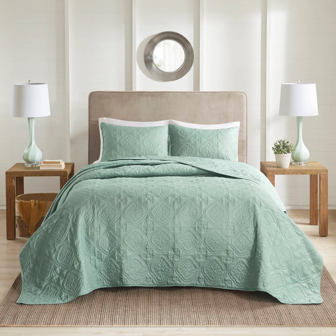 3 Piece Reversible Bedspread Set Seafoam King Cal King King Green Microfiber