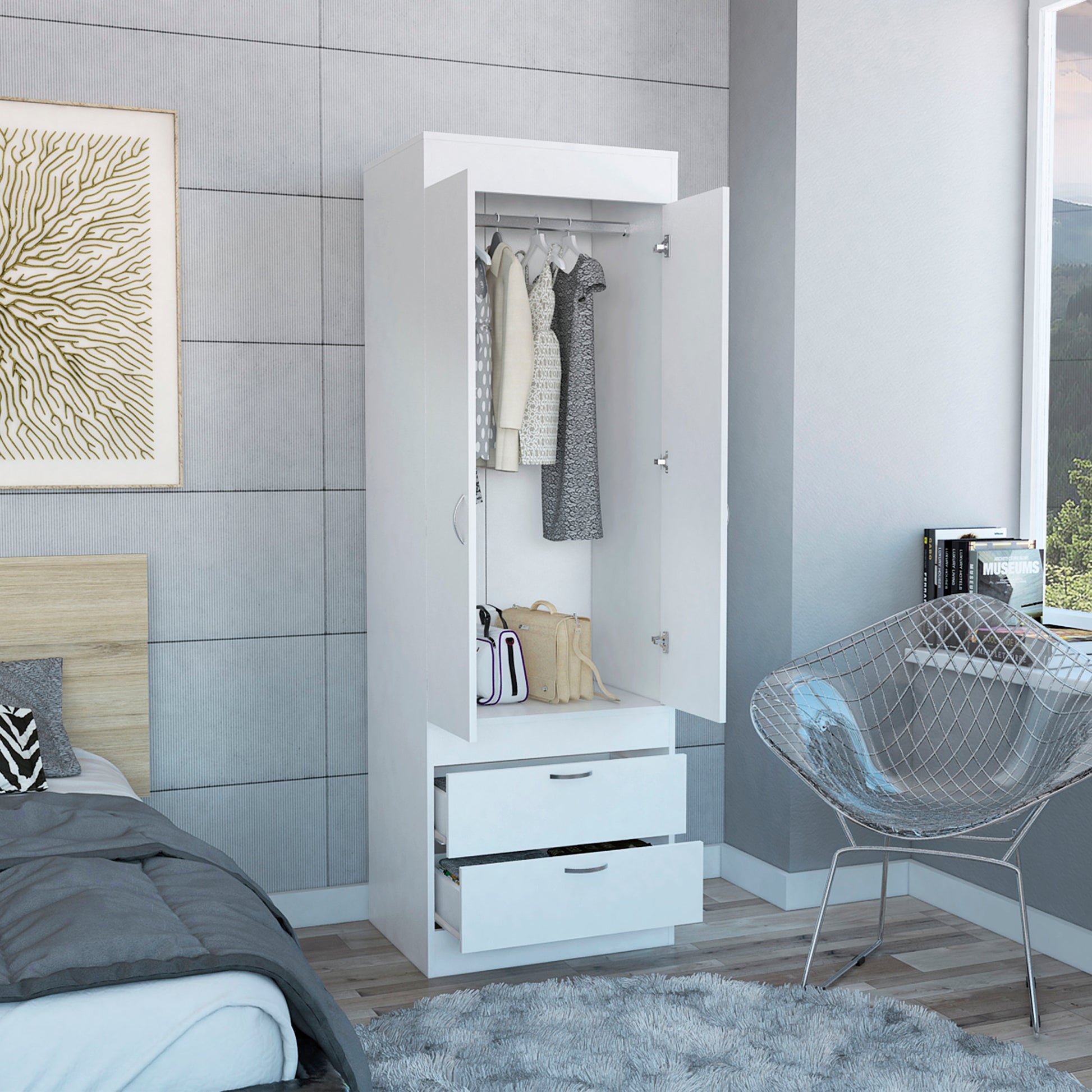 Lisboa Armoire, Rod, Double Door, Two Drawers, Metal Handles White White Bedroom Modern Particle Board