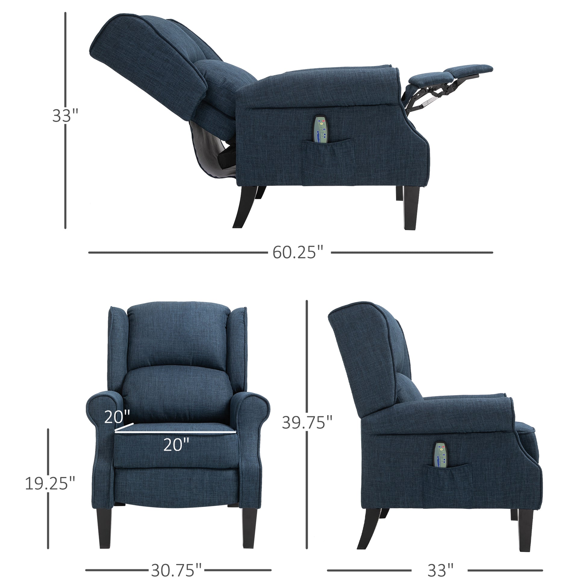 Homcom Massage Recliner Sofa With Heat Function, Remote Control, Blue Blue Polyester