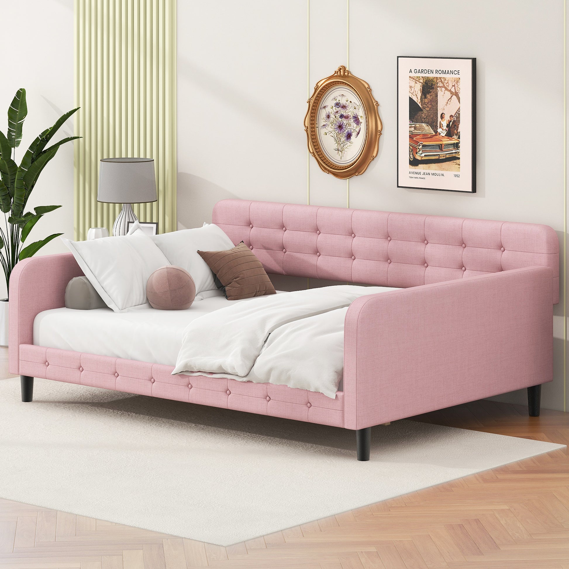 Full Size Upholstered Tufted Daybed With 4 Support Legs, Pink Box Spring Not Required Full Pink Wood Bedroom Daybeds Linen Upholstered