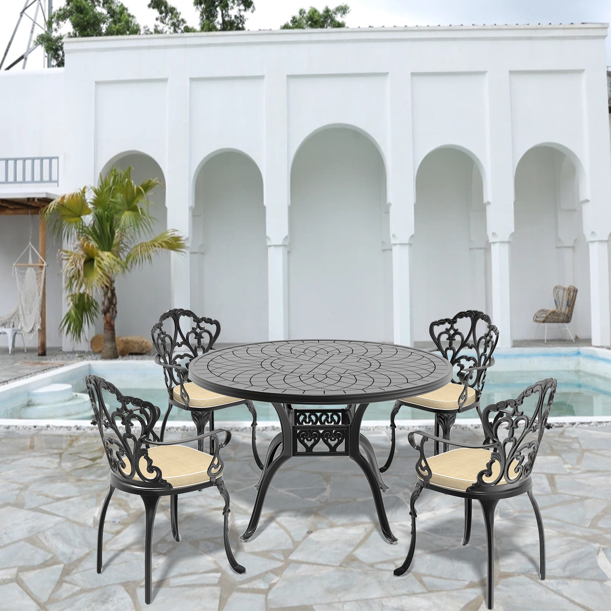 Cushions In Random Colors 5 Piece Set Of Cast Aluminum Patio Furniture With Cushions Yes Dining Set Black Seats 4 Rust Resistant Frame Water Resistant Cushion Garden & Outdoor Complete Patio Sets Aluminium