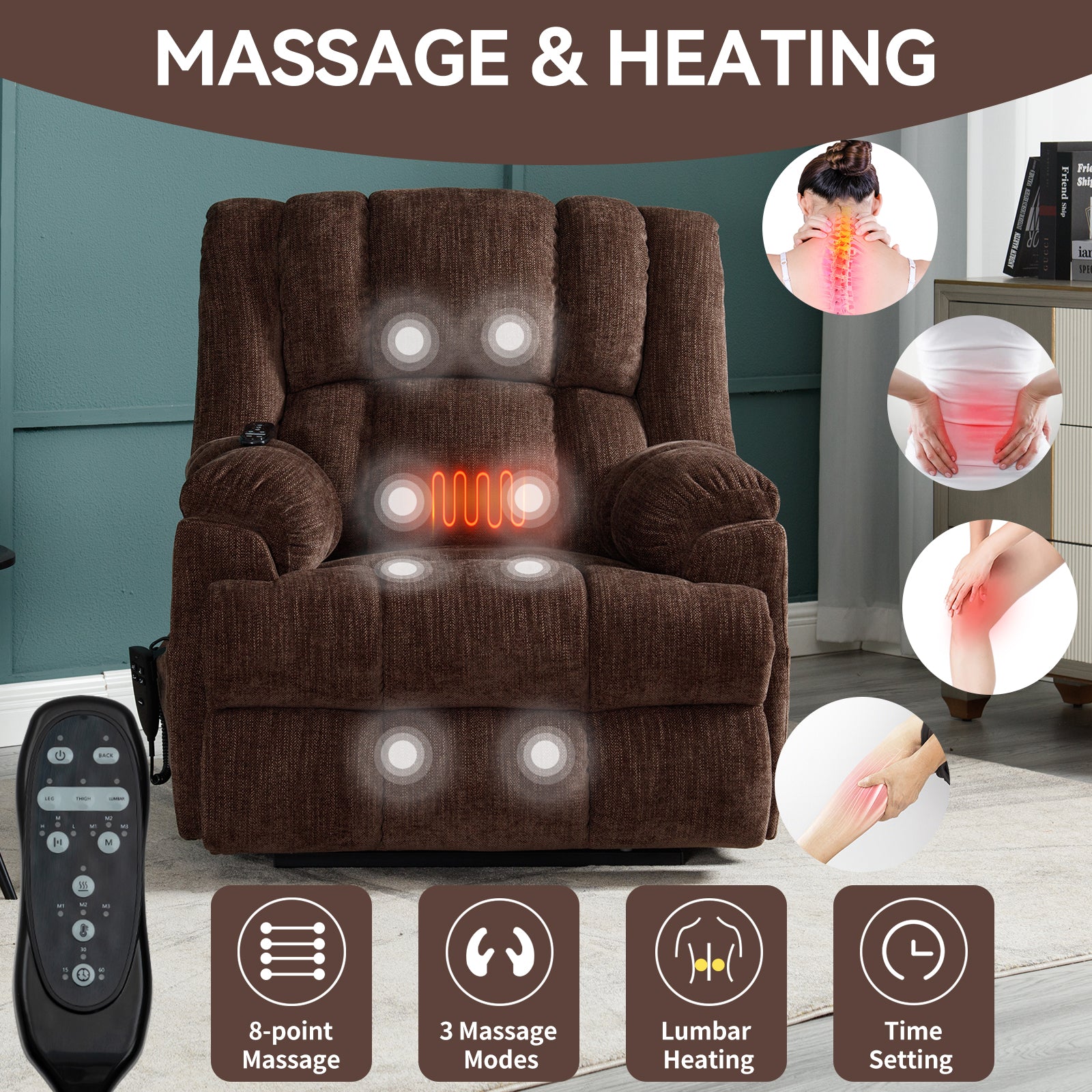 Dual Motor Heat Massage Infinite Position Up To 350 Lbs Electric Power Lift Recliners With Power Remote, Medium Firm And Heavy Duty, Brown White Metal Primary Living Space Heavy Duty Pine Brown Chenille Power Remote Medium Firm Cushion Back American