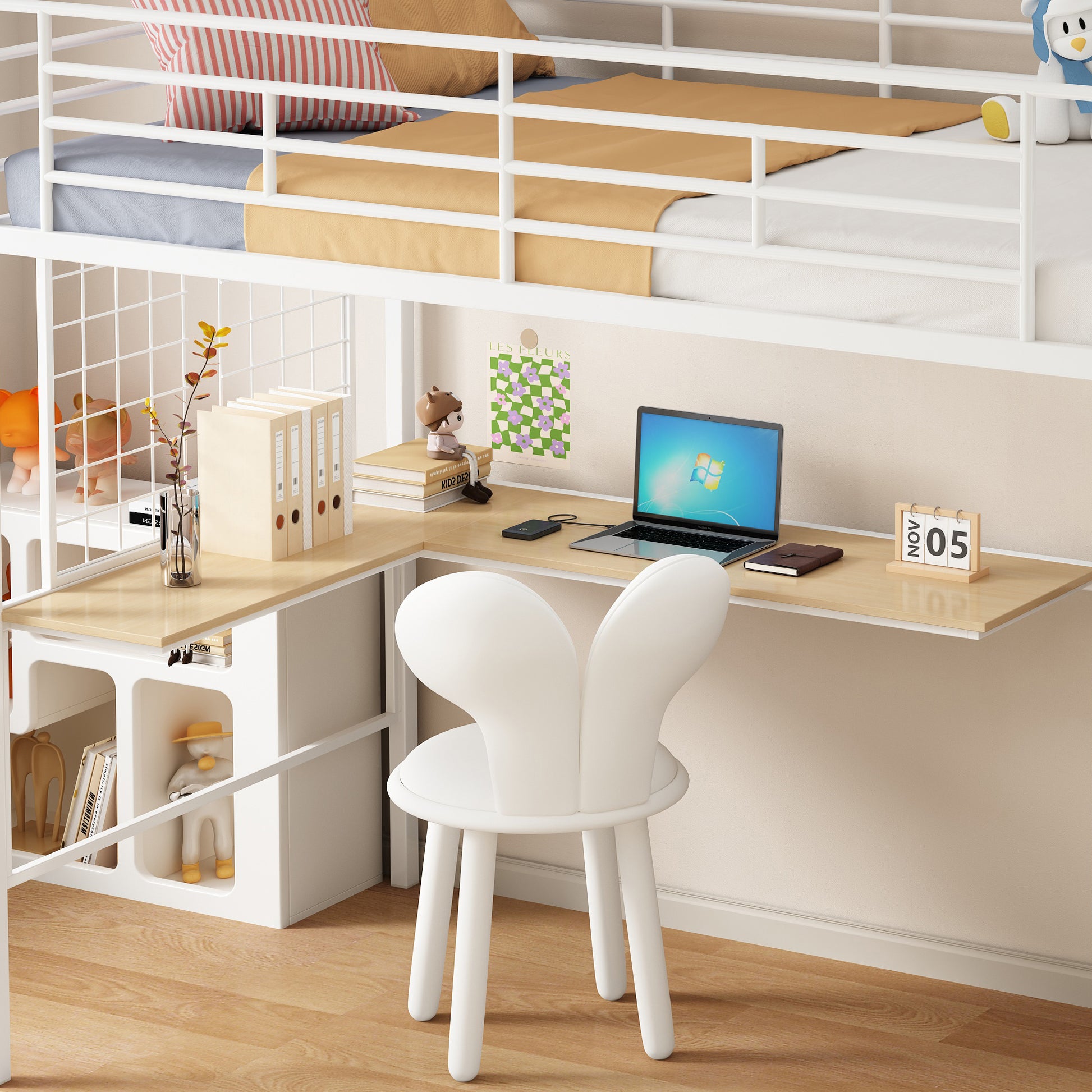 Twin Loft Bed With Desk And Storage Wardrobe, Heavy Duty Loft Bed With Stairs And Metal Grid, Twin Size Loft Bed, No Box Spring Needed, White Loft Bed Twin Size White Box Spring Not Required Twin